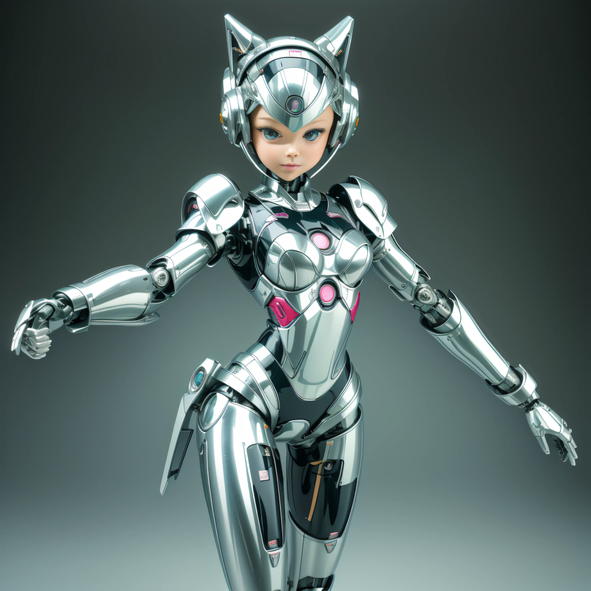 Very cute human 8  girl face, doll-like body with robot arms, robot waist and legs, very cute and feminine, short, petite, small, full hip, small bust, tight-fitting silver armor, cleavage, flat belly visible, helmet with antenna, robot joint, very stylish, black rubber bodysuit, masterpiece, highest quality, high-resolution, vaginal insertion --auto --s2