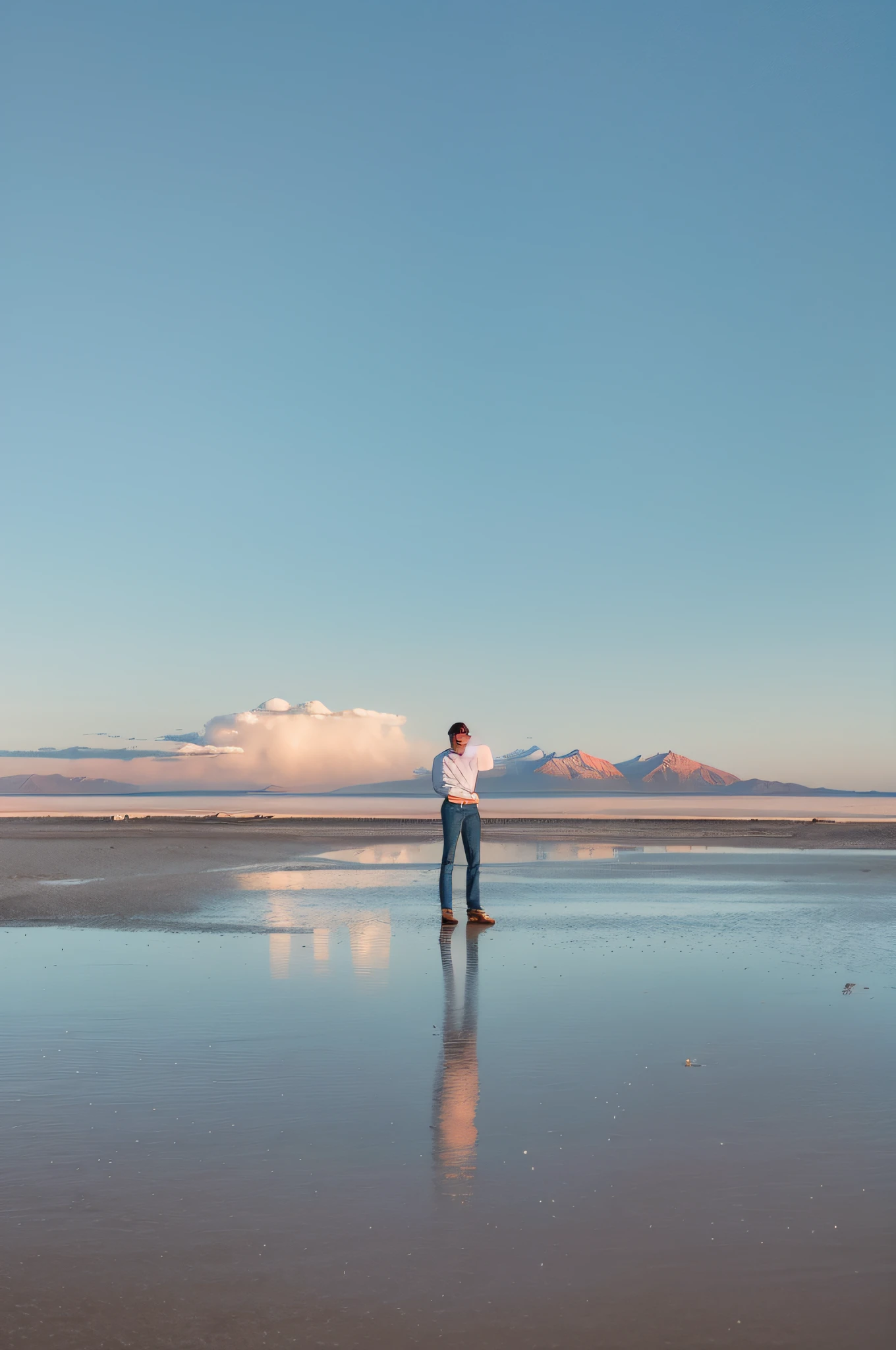 (RAW photo, best quality), (realistic, photo-realistic:1.3), MASTERPIECE, maximum quality, photography, a fit young man standing on a beach with a beautiful sky background, handsome, hot, sexy, smile, wearing short pants, at the salar de uyuni, at salar de uyuni, standing in a lake, constructed upon salar de uyuni, standing on the water ground, looking into the horizon, standing in shallow water, beautiful sky, film lights,