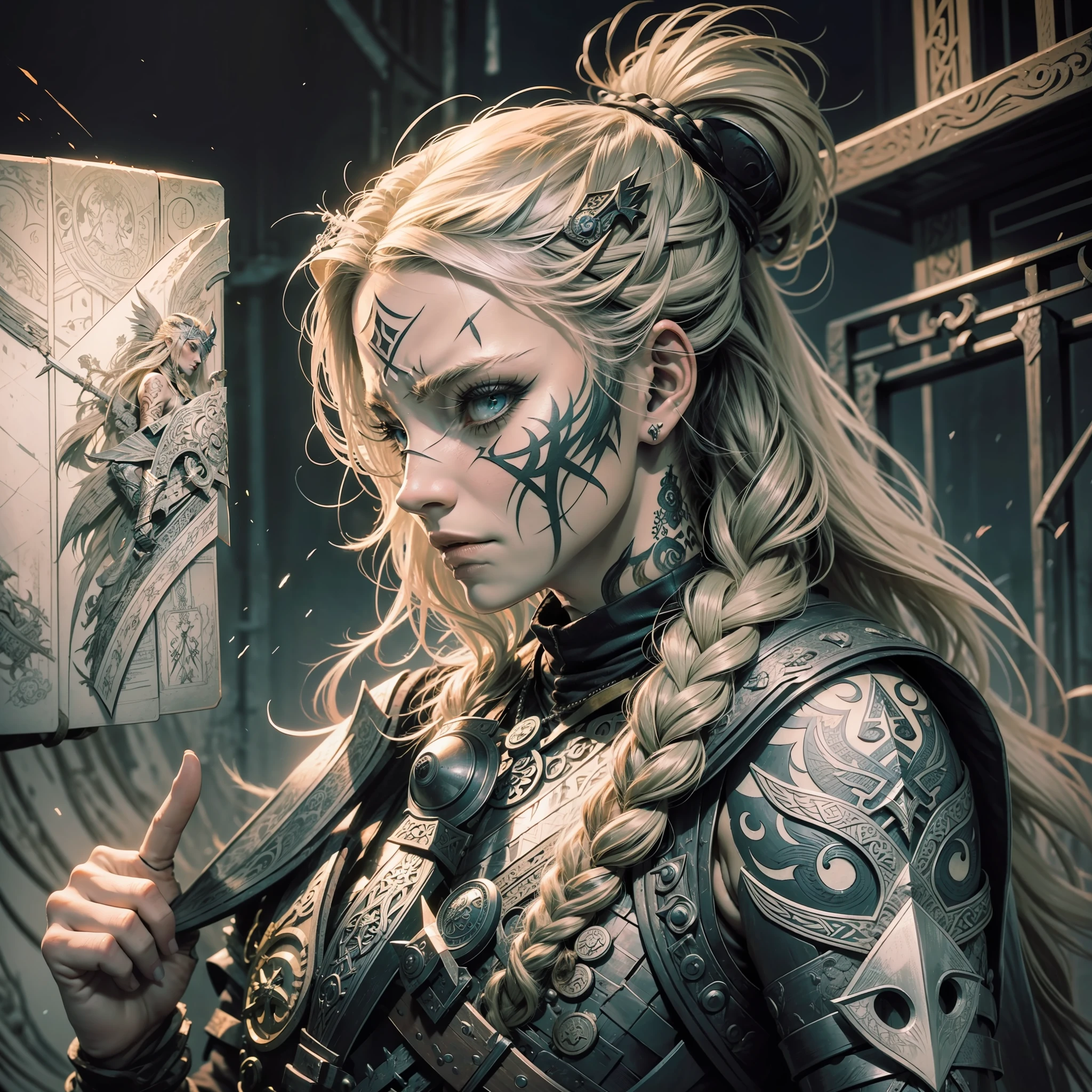a viking warrior woman,viking face tattoos,charcoal eye tattoo,tattoo on face,anger expression,holding a viking shield,blonde,braided and messy flowing hair,bruised and scratched body,side view,profile vision,velka,assassins creed valhalla,ragnarok,vikings,black crow on shoulder,nordic,valhalla,nordic runes,valkiryas,hand drawn, Illustration,Art Nouveau,Tarot Cards