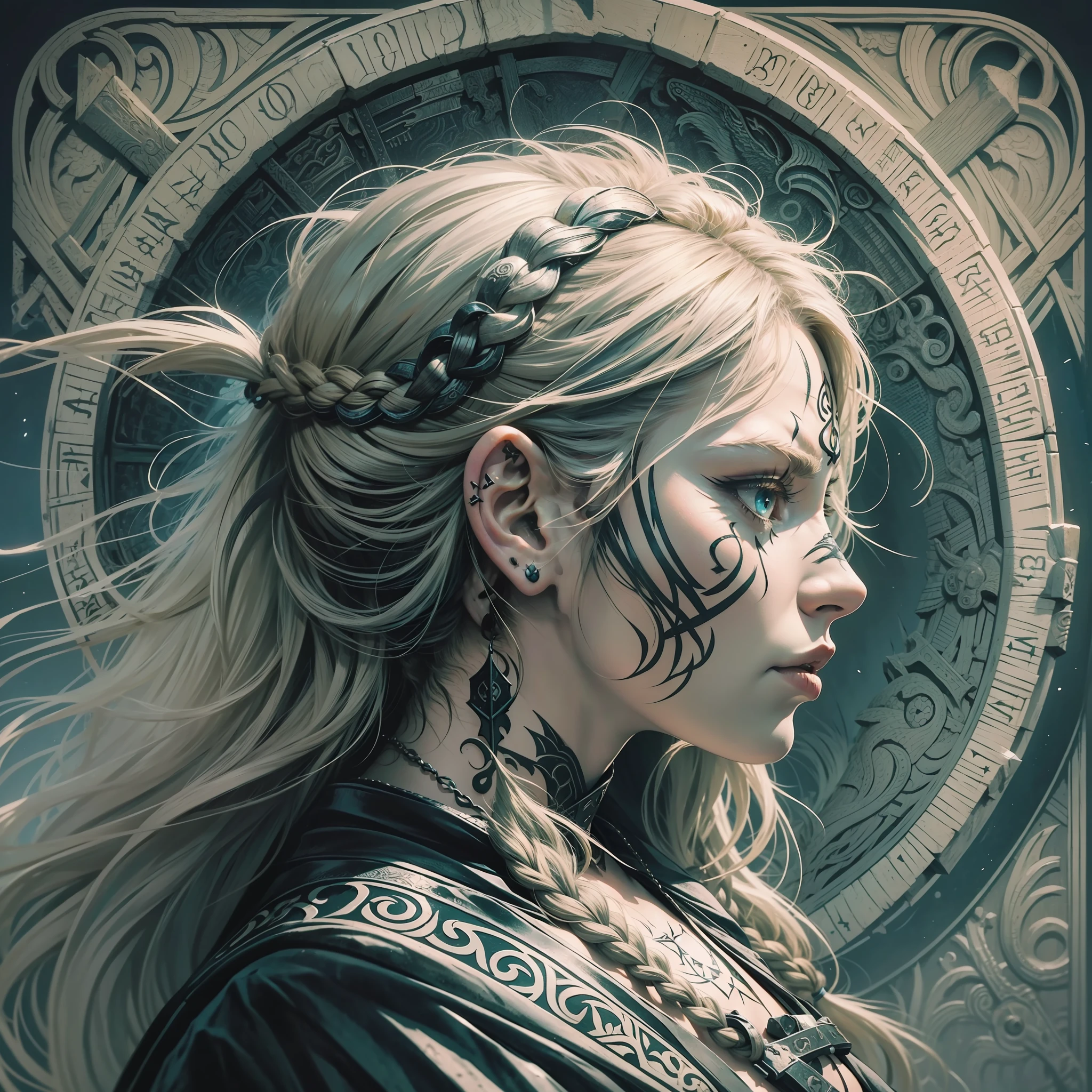 a viking warrior woman,viking face tattoos,charcoal eye tattoo,tattoo on face,anger expression,holding a viking shield,blonde,braided and messy flowing hair,bruised and scratched body,side view,profile vision,velka,assassins creed valhalla,ragnarok,vikings,black crow on shoulder,nordic,valhalla,nordic runes,valkiryas,hand drawn, Illustration,Art Nouveau,Tarot Cards