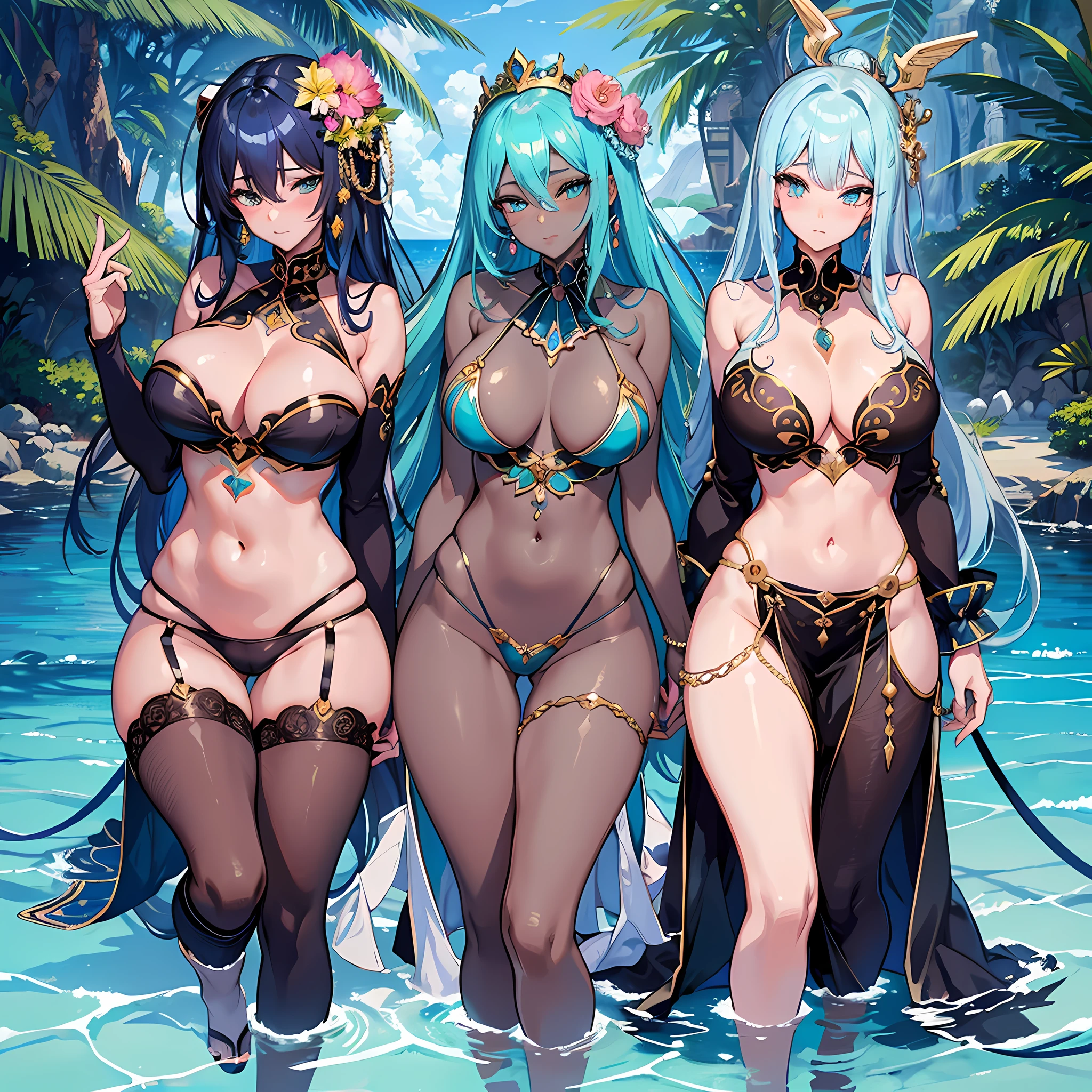 Big-breasted empress, perfect slim body, mature royal sister, blue hair, royal sister face, black face, open-chested outfit, sexy and alluring, beautiful face, full-body portrait, 4K picture quality, big, feminine expression, blush shy, large bust, ocean temple, turquoise water, normal body proportions