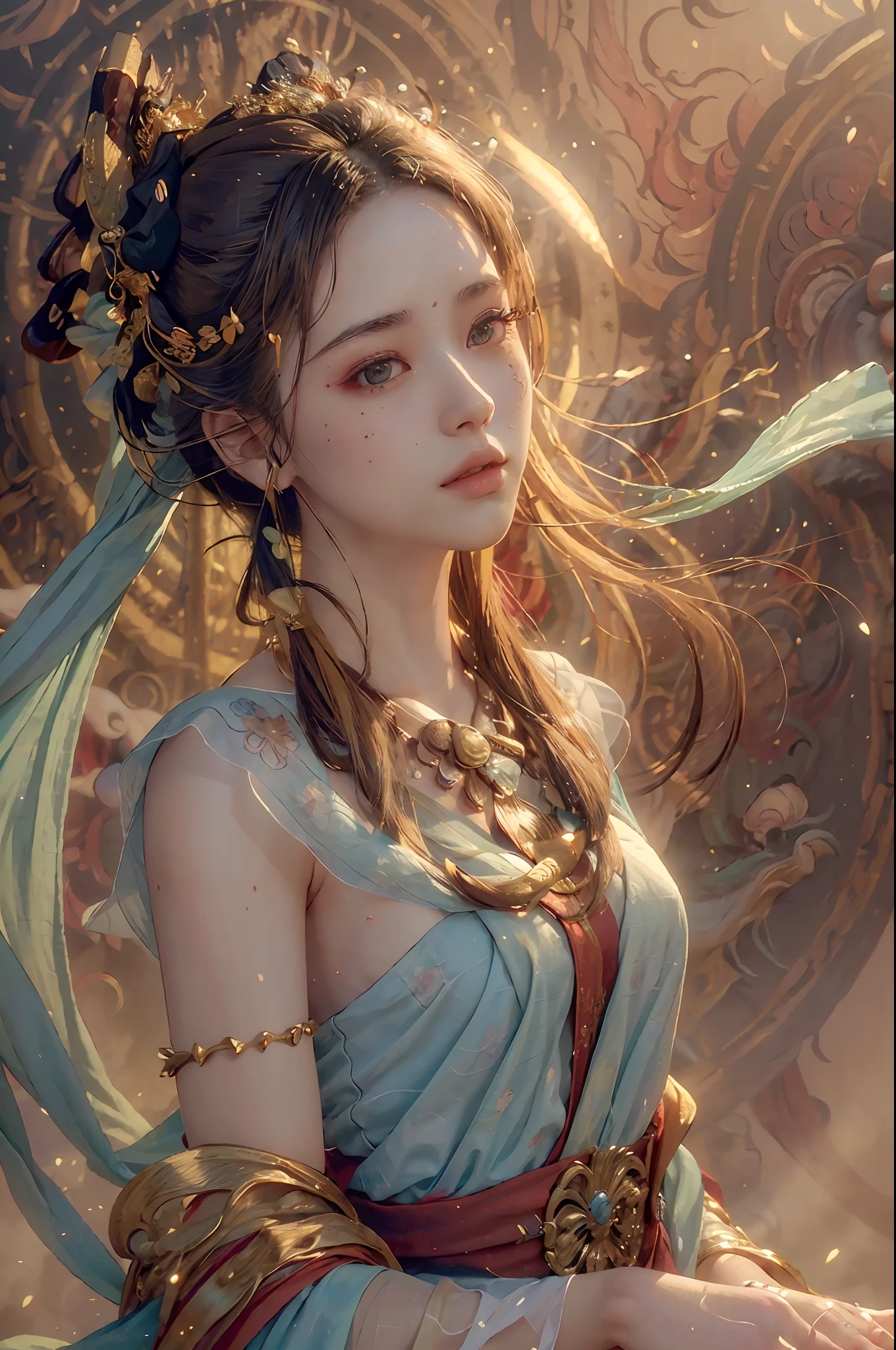 (RAW photo, best quality), (realistic, photo-realistic:1.3),best quality,highly detailed,masterpiece,ultra-detailed,illustration,1girl,upper_body,dynamic angle,world masterpiece theater,messy_long_hair,best quality,extremely detailed CG unity 8k wallpaper,ink,Amazing,cinematic lighting,lens_flare,,dunhuang_style