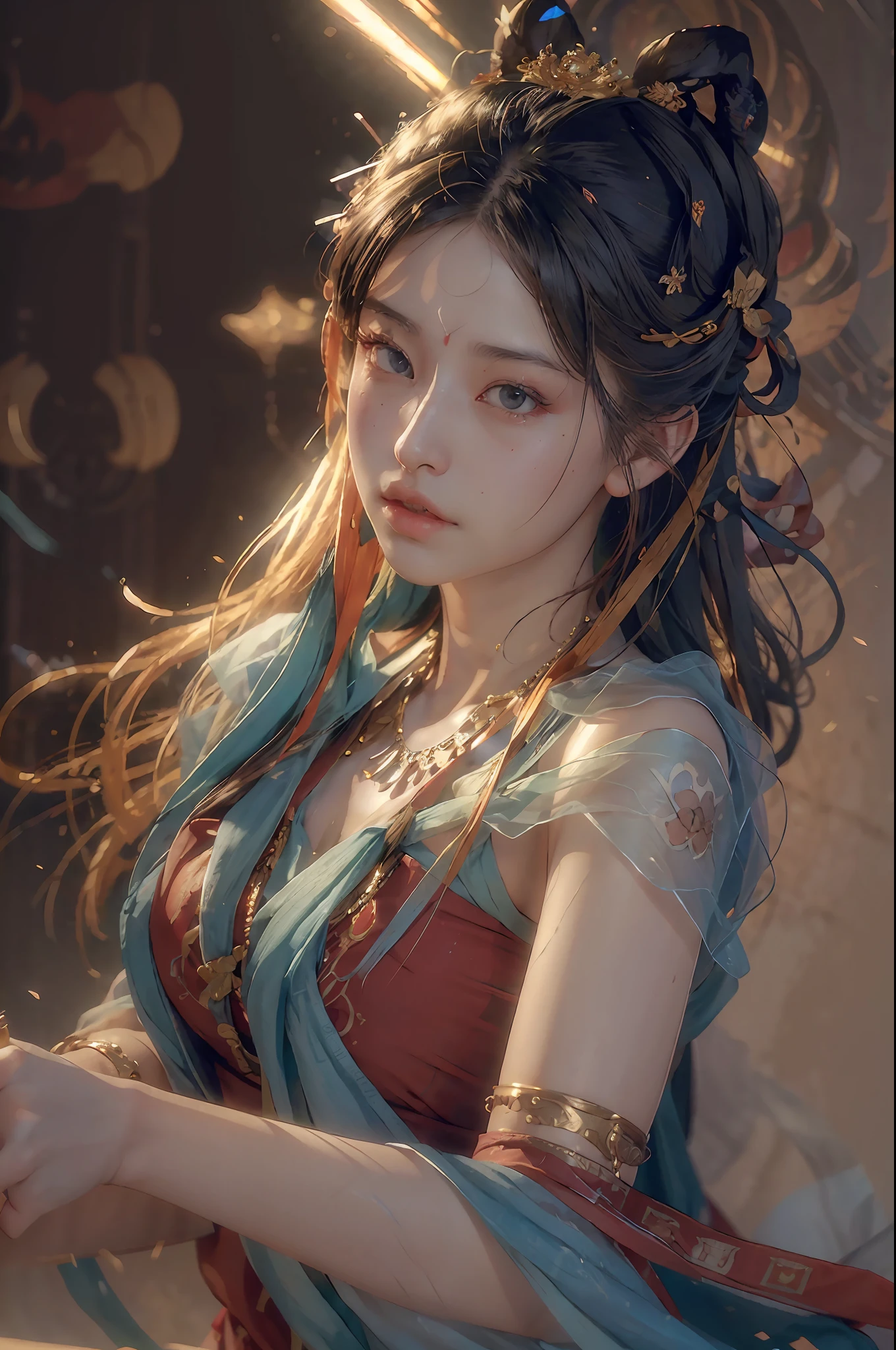 (RAW photo, best quality), (realistic, photo-realistic:1.3),best quality,highly detailed,masterpiece,ultra-detailed,illustration,1girl,upper_body,dynamic angle,world masterpiece theater,messy_long_hair,best quality,extremely detailed CG unity 8k wallpaper,ink,Amazing,cinematic lighting,lens_flare,,dunhuang_style