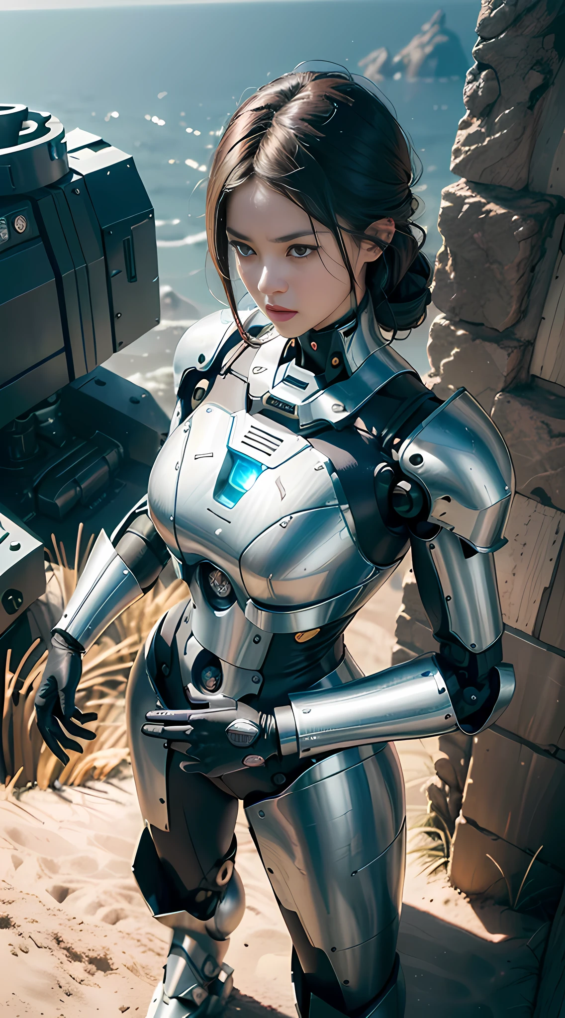 zhongfenghua, (RAW photo, best quality), (realistic, photo-realistic:1.3), extremely delicate and beautiful, Amazing, finely detail, masterpiece, ultra-detailed, highres,best illustration, best shadow,intricate,depth of field,(dramatic lighting:1.4),(from above:1.2),sharp focus, volumetric fog, 8k UHD, DSLR, high quality,( film grain:1.4), Fujifilm XT3,full body,A beautiful young woman wearing black trench coat, half human half robot face, ((1 robot,1 robot,Mechanical costalis,Mechanical spine))|Monotonous metallic color,Metal has no color, robot no color,robot girl,metallic mixture,cyborg girl)),looking at viewer, facing front, fighting stance
(Cable:1.2),(Transmission tube:1.2),(Machine eye:1.3),((Mechanical part connection)),((both arms)|(complex mechanical component:1.2~1.6)),((costalis)|(robot joints:1.2~1.6)), ,streamlinerai mecha,(lightsaber),earth,milky_way,starry,water,((armor)),water,wave