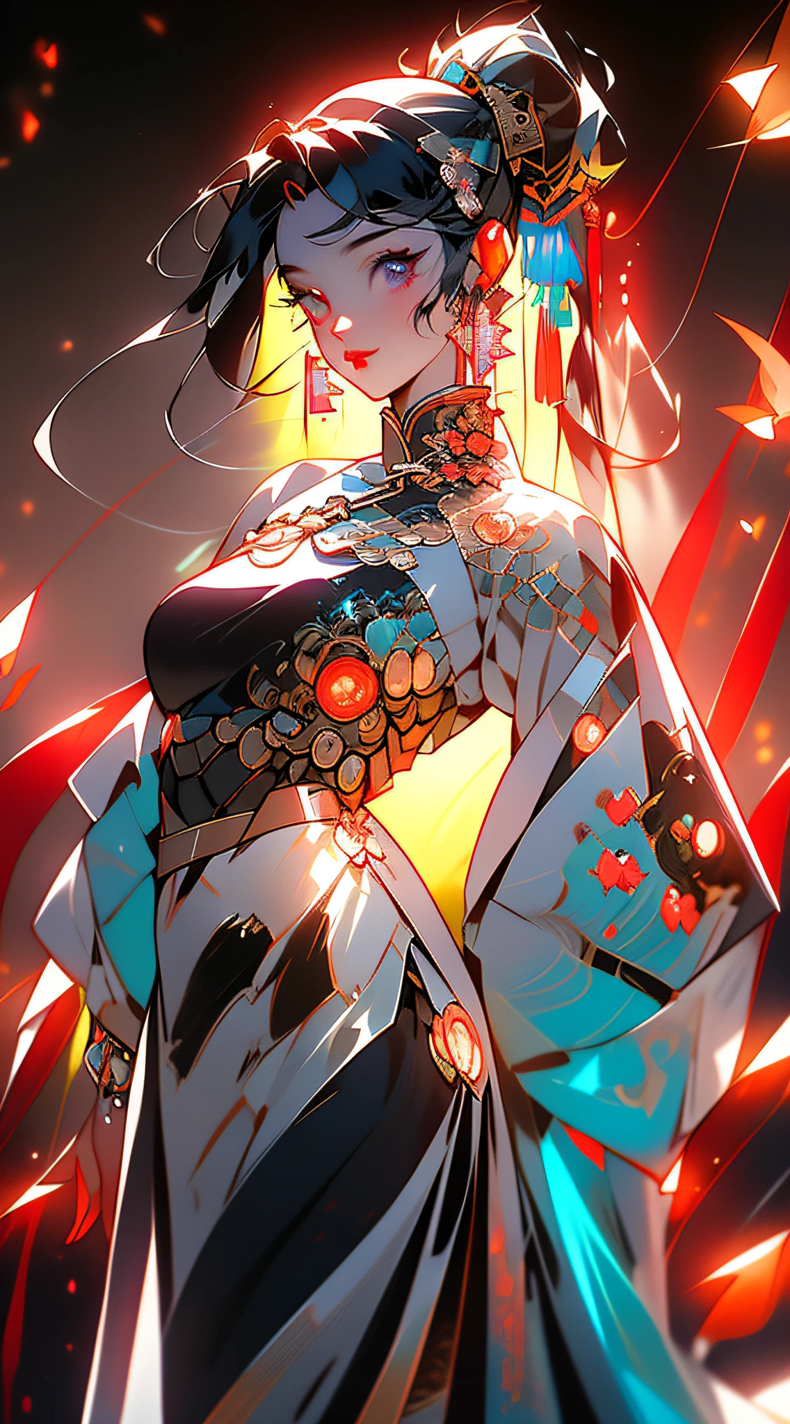 ((Cyberpunk style, robotic arm, holographic aura, surreal sci-fi art, futuristic sci-fi aesthetics)), 1 girl solo, close-up, (ancient Chinese clothes, embroidered pleated skirt, embroidered collar uesugi, large sleeves, streamers), (hairpins), (hanfu), (clear facial features, detailed skin texture, pretty face), (8k, raw photos, best quality, masterpieces: 1.2), (realistic, photo realistic: 1.4), (very detailed CG Unity 8k wallpaper), full body, (Neon: 1.4)