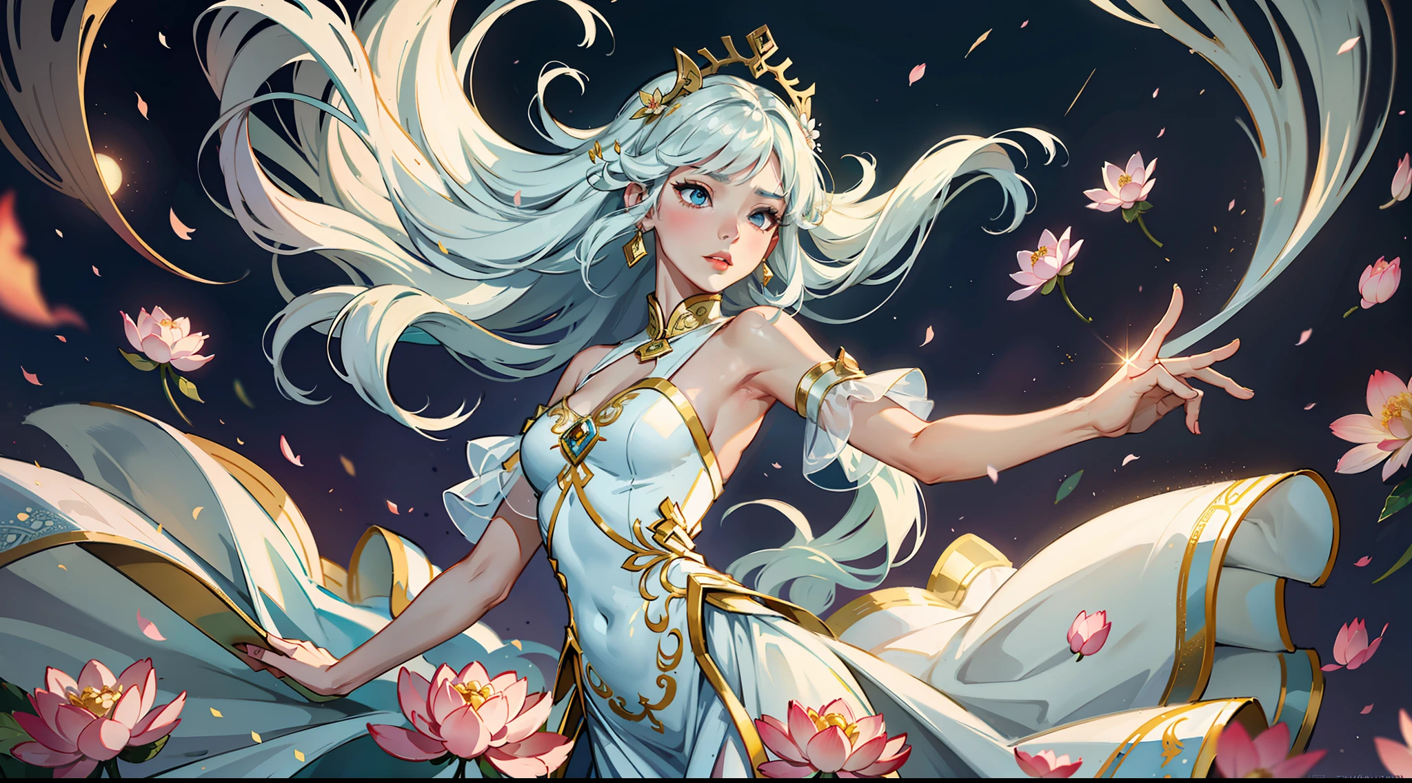 Chinese style fairy dances, (female one), the dance is full of elegance and chic, the face is extremely beautiful, wearing a white dress, like a cold snow lotus, eyes shining, high-quality CG shows oriental aesthetics, brilliant magic array, gorgeous fairy dress, exquisite posture, a female character, long hair soft and shining white light, dreamy clouds, ink pictures, quiet bloom. --auto --s2