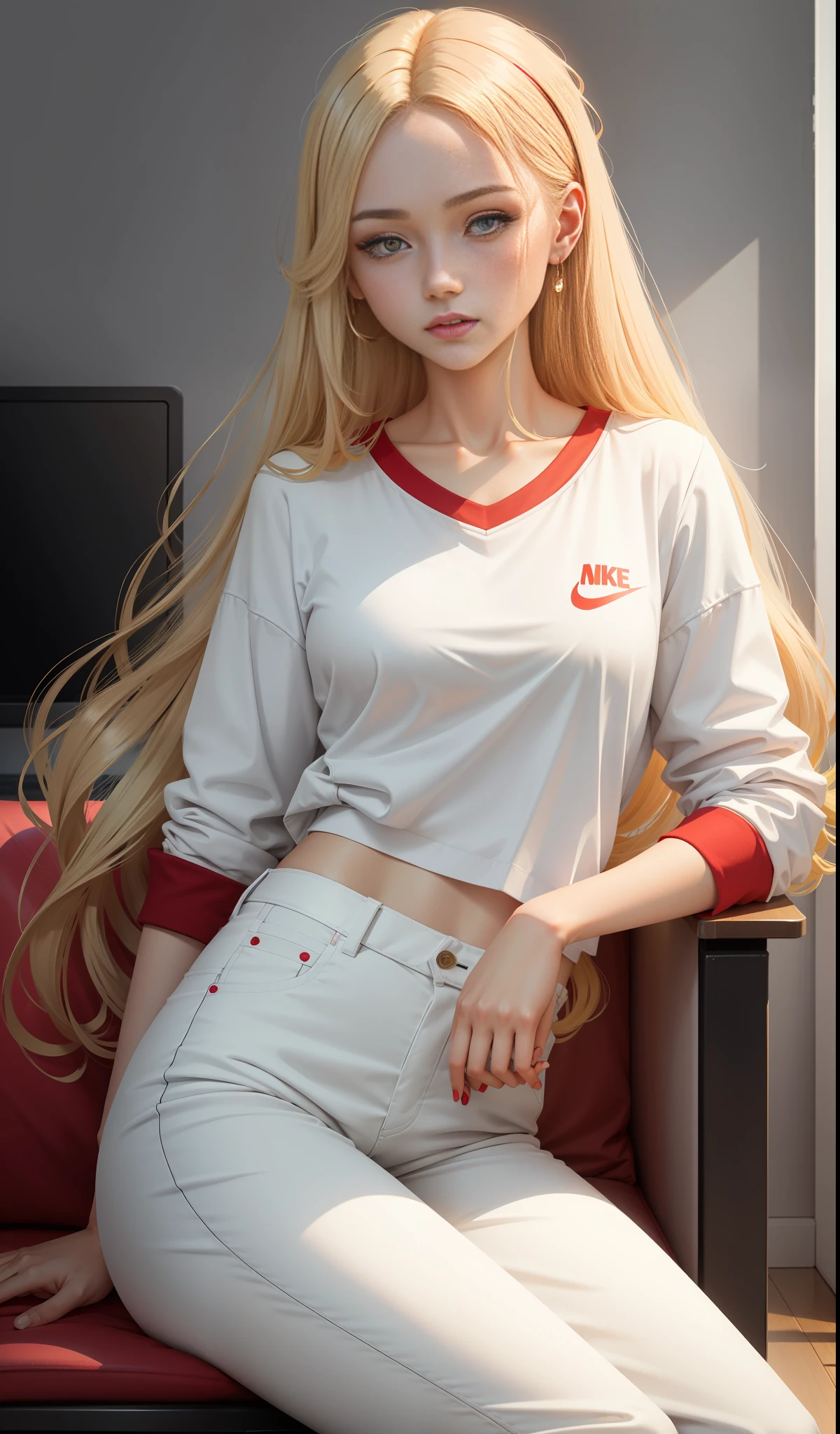 A woman in a white shirt and red pants is playing video games, minimalist style, wearing elegant casual clothes, soft red, simple clothes, milk and red style, casual clothing style, modern fashion clothing, wearing fisherman, casual modern clothing, inspo, red clothes, red pants, neutral tones, rred and white color scheme, casual business wear, scary face, nike shoes, 22 years old, adult face, long hair, ((golden hair))