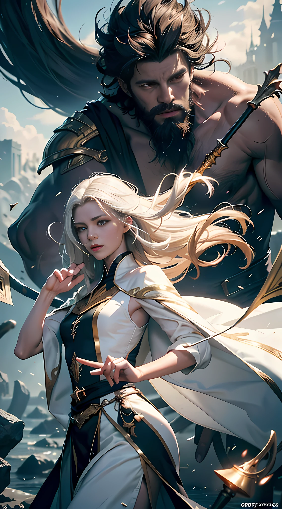 Realistic photo of a handsome young wizard, white wizard shirt with gold trim, white robe fluttering in the wind, long white hair, neatly dressed, perfect face, handsome, (perfect composition: 1.4), deviantart hd, artstation hd, concept art, detailed face and body, award-winning photography, edges, detailed faces, detailed hands, ,backlight, 12k surrealism, ray tracing, intense gaze, looking at the audience, cinematic lighting, Grzegorz Rutkowski's art, embers, highly fantastical background, action pose, hands up 90 degrees, holding a small wand, splashing water, clouds