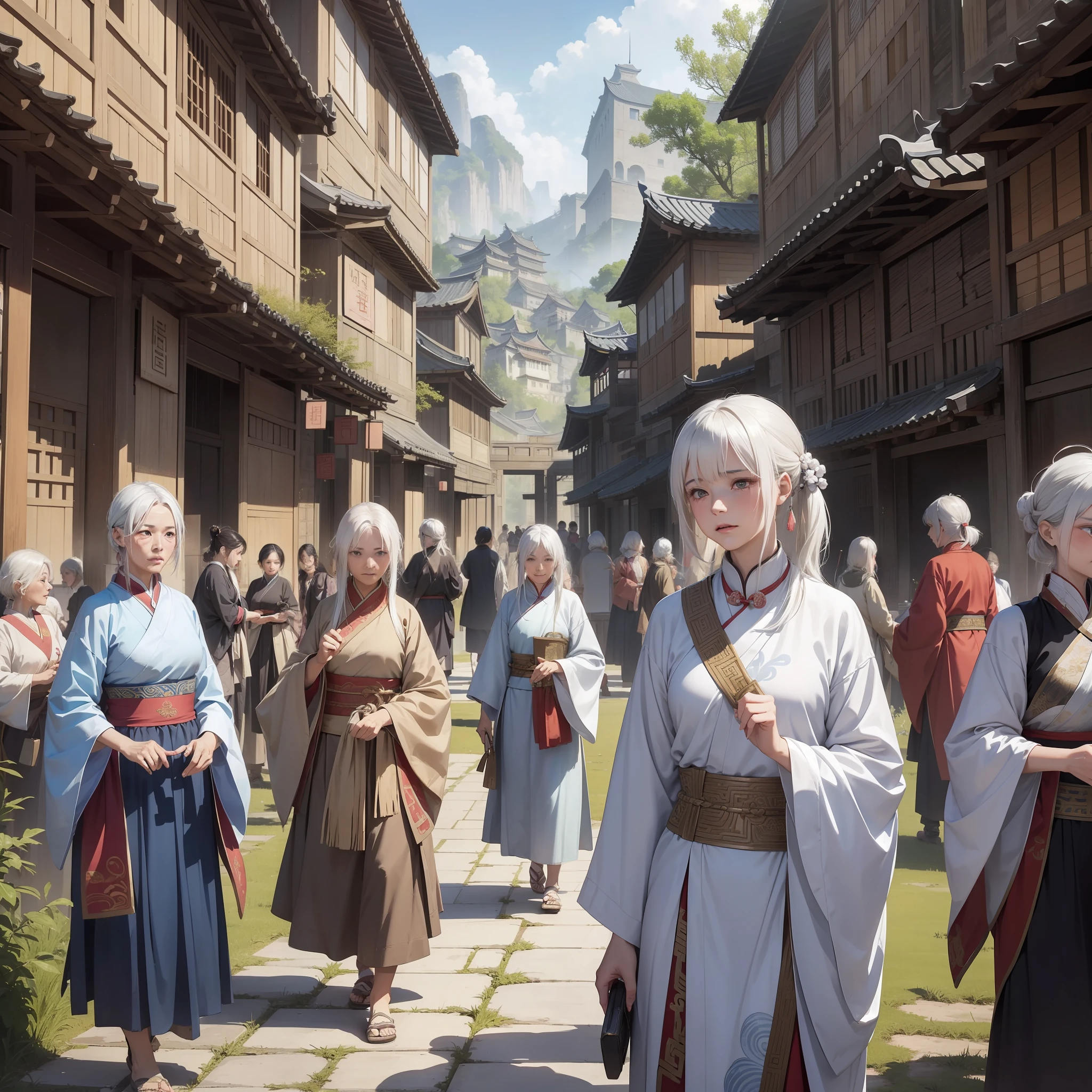 In ancient China, five old white-haired women in plain Han clothes, about 70 years old, standing together crying (masterpiece 1.5) (background is a crowded square.5) (square gathering 1.5) (dilapidated village 1.5) super detail, (crying 1.5) (ancient Chinese 1.5) (dusk 1.3) (broken city wall) old woman 1.5)