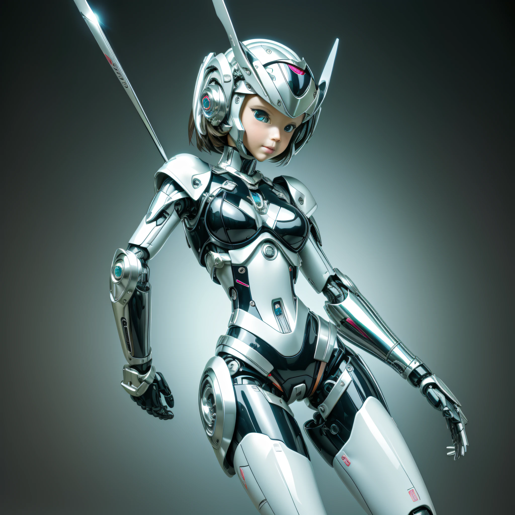 Very cute human 8  girl face, doll-like body with robot arms, robot waist and legs, very cute and feminine, short, petite, small, full hip, small bust, tight-fitting silver armor, cleavage, flat belly visible, helmet with antenna, robot joint, very stylish, black rubber bodysuit, masterpiece, highest quality, high-resolution, vaginal insertion --auto --s2