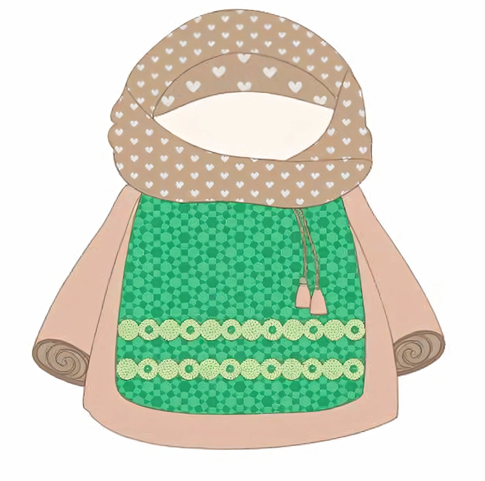 a cartoon illustration of a sweater with a heart, inspired by Slavic dolls,Motanka, inspired by Shaddy Safadi, inspired by folk dolls, multilayered clothing, green and brown clothes, inspired by Maryam Hashemi, inspired by Masamitsu Ōta, chibi, wearing desert poncho, inspired by Takehisa Yumeji --auto --s2