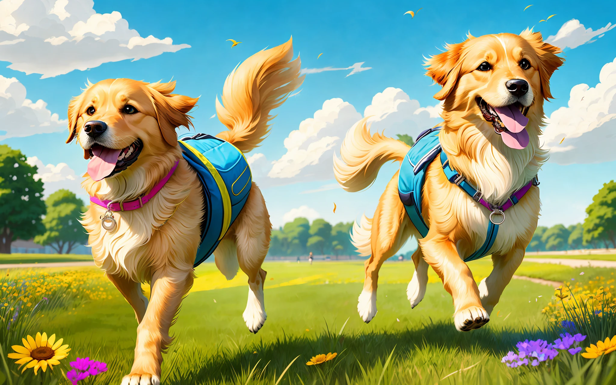 Realistic style, cute and happy 1  golden retriever, carrying a blue pet backpack, leaping on the grass, (running: 1.3), holding a frisbee in his mouth, warm, bright colors, warm sunshine, flowers