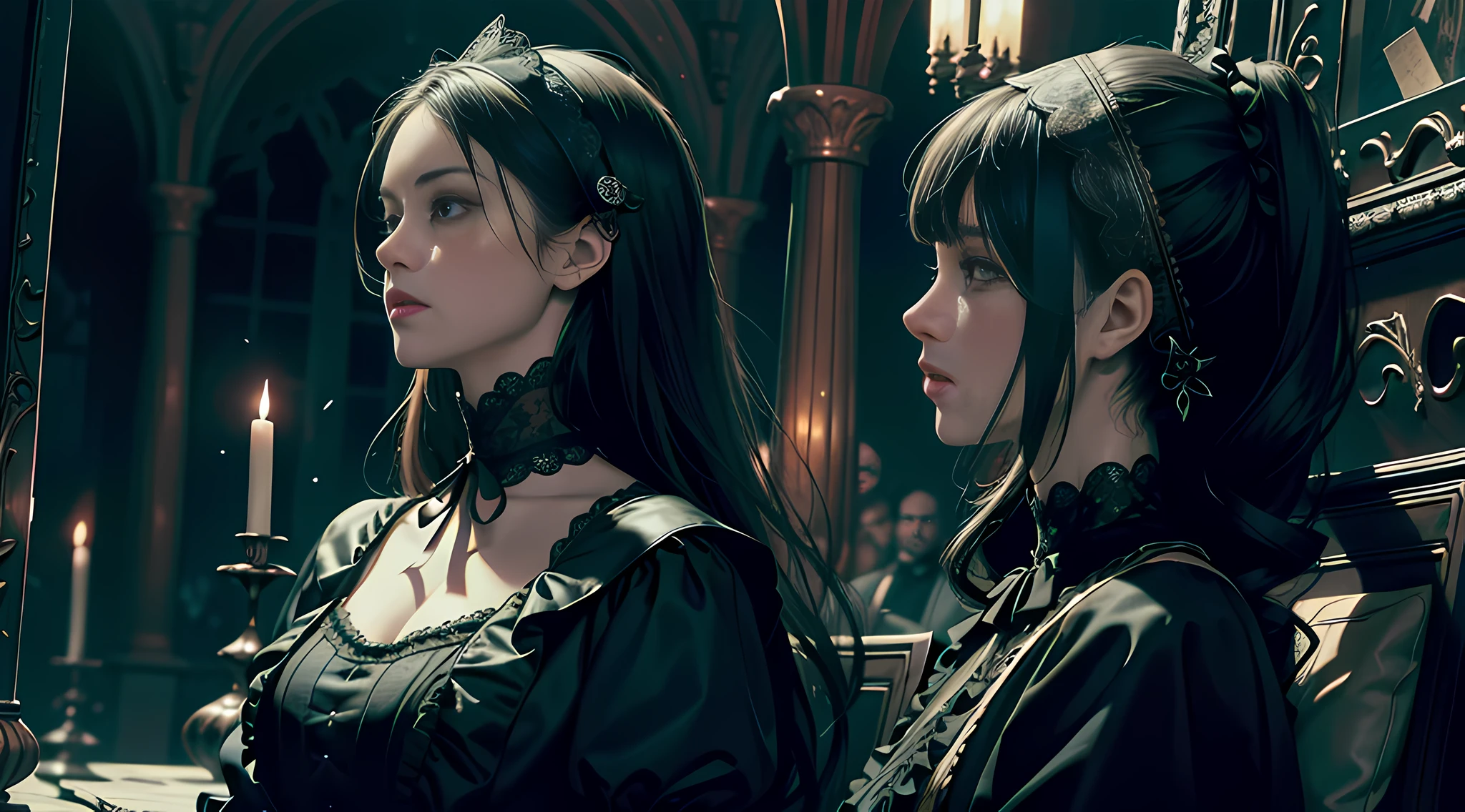 Official Art, Unity 8k wallpaper, ultra-detailed, beautiful, beautiful, masterpiece, best quality, dark, atmospheric, mystical, romantic, creepy, literature, art, fashion, victorian, decoration, intricate, ironwork, lace, contemplative, emotional depth, supernatural, 1 girl, solo, neck, bust composition