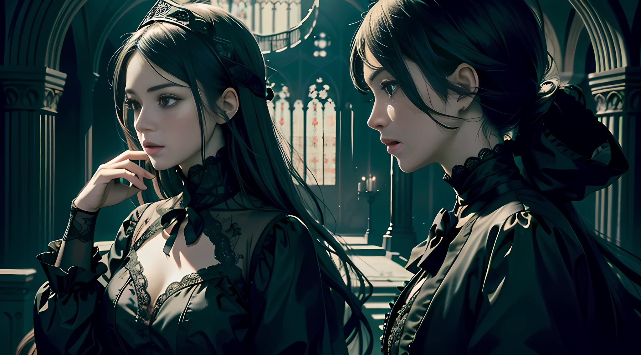 Official Art, Unity 8k wallpaper, ultra-detailed, beautiful, beautiful, masterpiece, best quality, dark, atmospheric, mystical, romantic, creepy, literature, art, fashion, victorian, decoration, intricate, ironwork, lace, contemplative, emotional depth, supernatural, 1 girl, solo, neck, bust composition