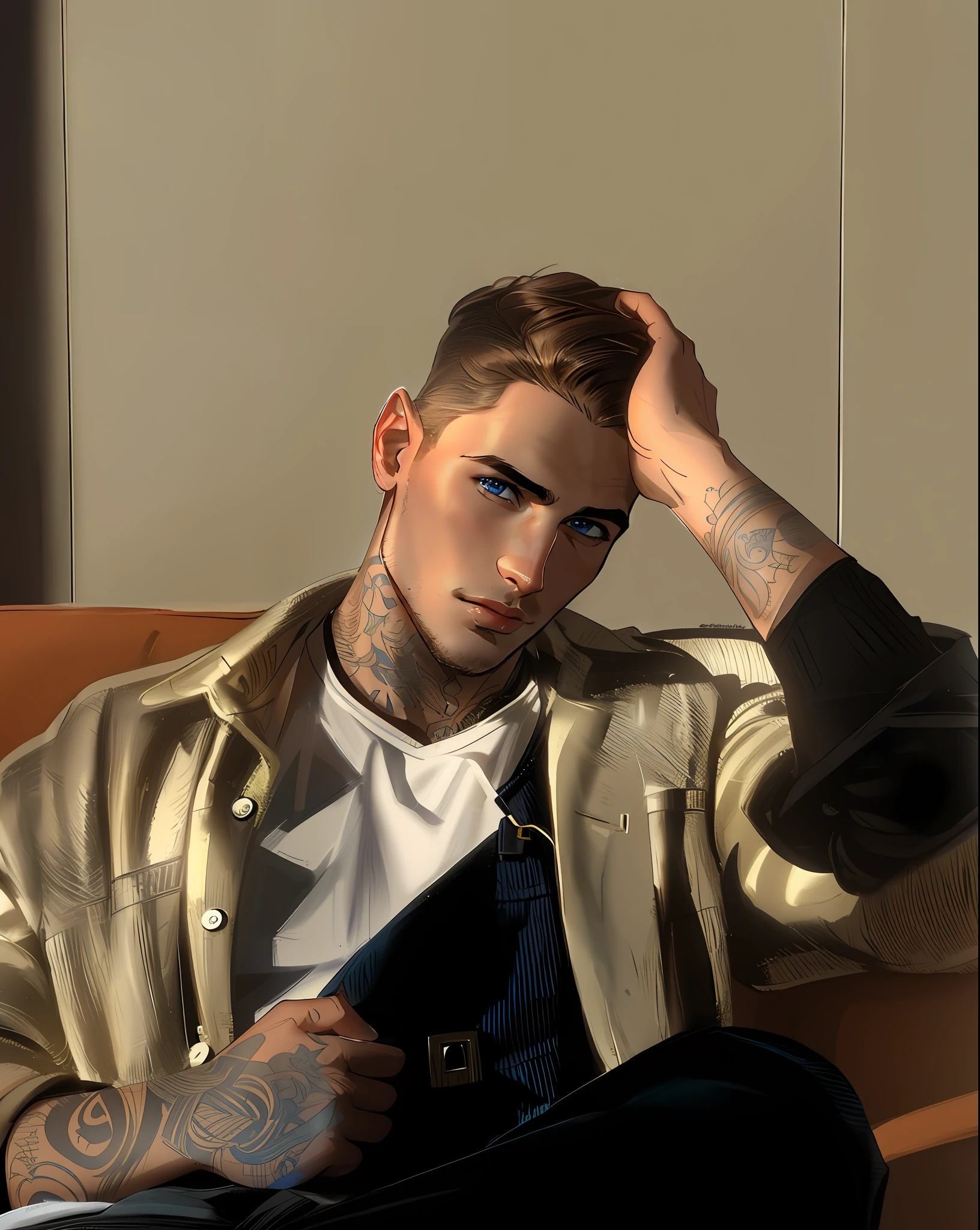 (HD, Ultra Detailed) handsome man light brown hair, blue eyes, fleshy lips
