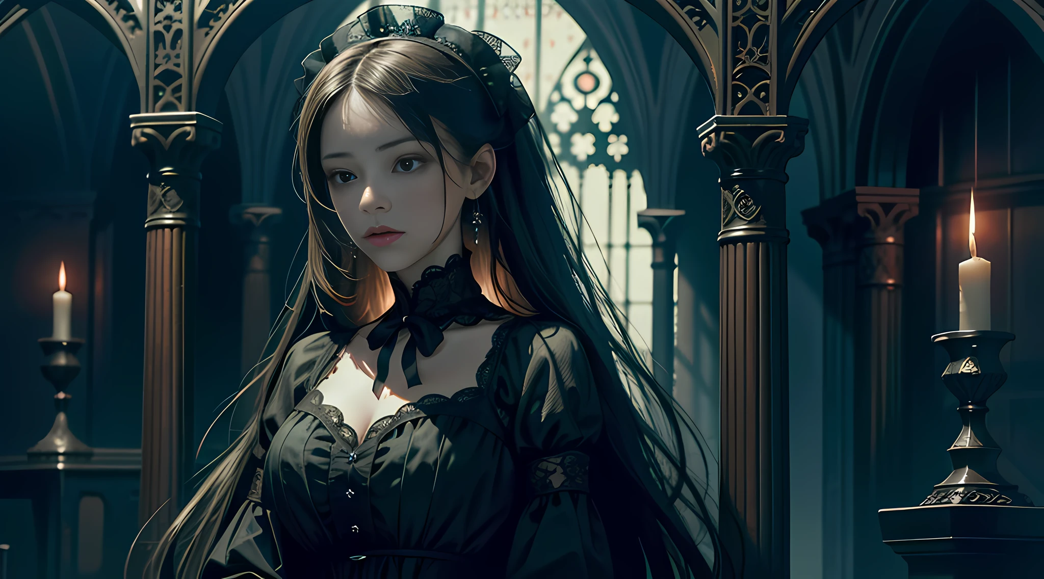 Official Art, Unity 8k wallpaper, ultra-detailed, beautiful, beautiful, masterpiece, best quality, dark, atmospheric, mystical, romantic, creepy, literature, art, fashion, victorian, decoration, intricate, ironwork, lace, contemplative, emotional depth, supernatural, 1 girl, solo, neck, bust composition