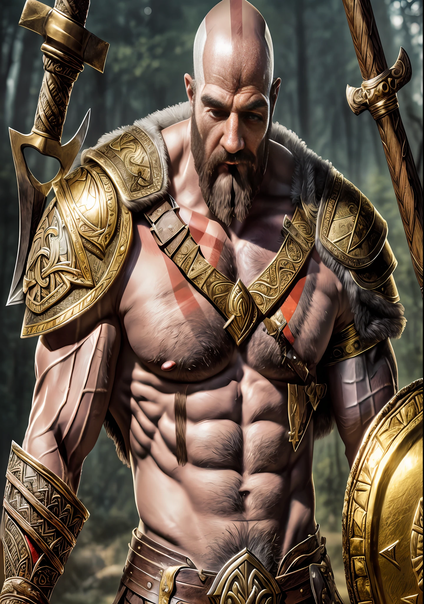 Photo portrait, god of war (((wearing shining golden armor and a viking axe,Kratos)))), detailed skin, huge muscles+, huge muscular thighs+, large bulge, fantasy, forest, male, manly, looking at the viewer, model style session, (extremely detailed CG), photo of beautiful works of art, (Antonio Moro), (Jeremy Mann), High Detail, Sharp focus, dramatic+, oil painting++,  (photorealistic), Intricate, beautiful, gigachad++, --auto --s2