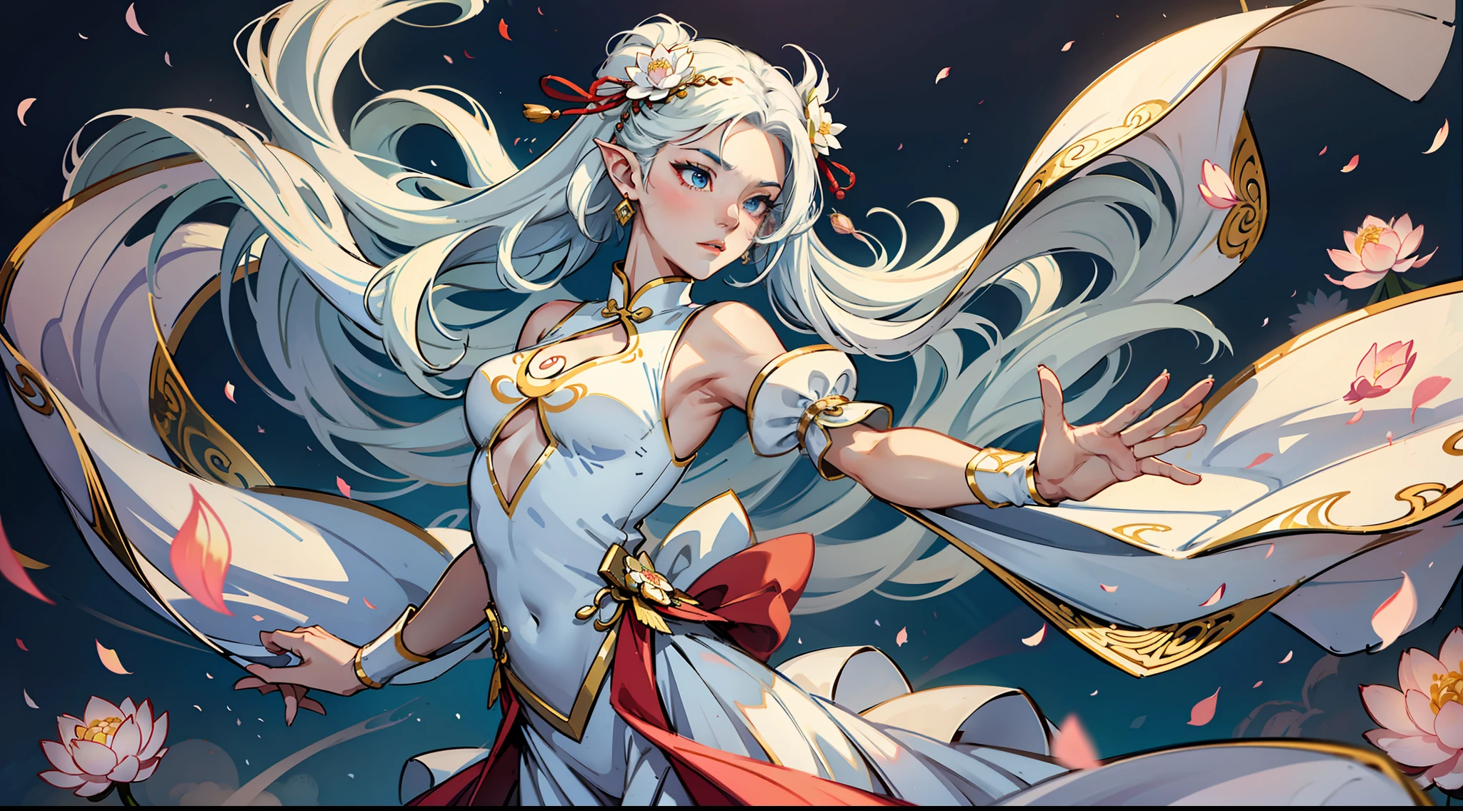 Chinese style fairy dances, (female one), the dance is full of elegance and chic, the face is extremely beautiful, wearing a white dress, like a cold snow lotus, eyes shining, high-quality CG shows oriental aesthetics, brilliant magic array, gorgeous fairy dress, exquisite posture, a female character, long hair soft and shining white light, dreamy clouds, ink pictures, quiet bloom. --auto --s2