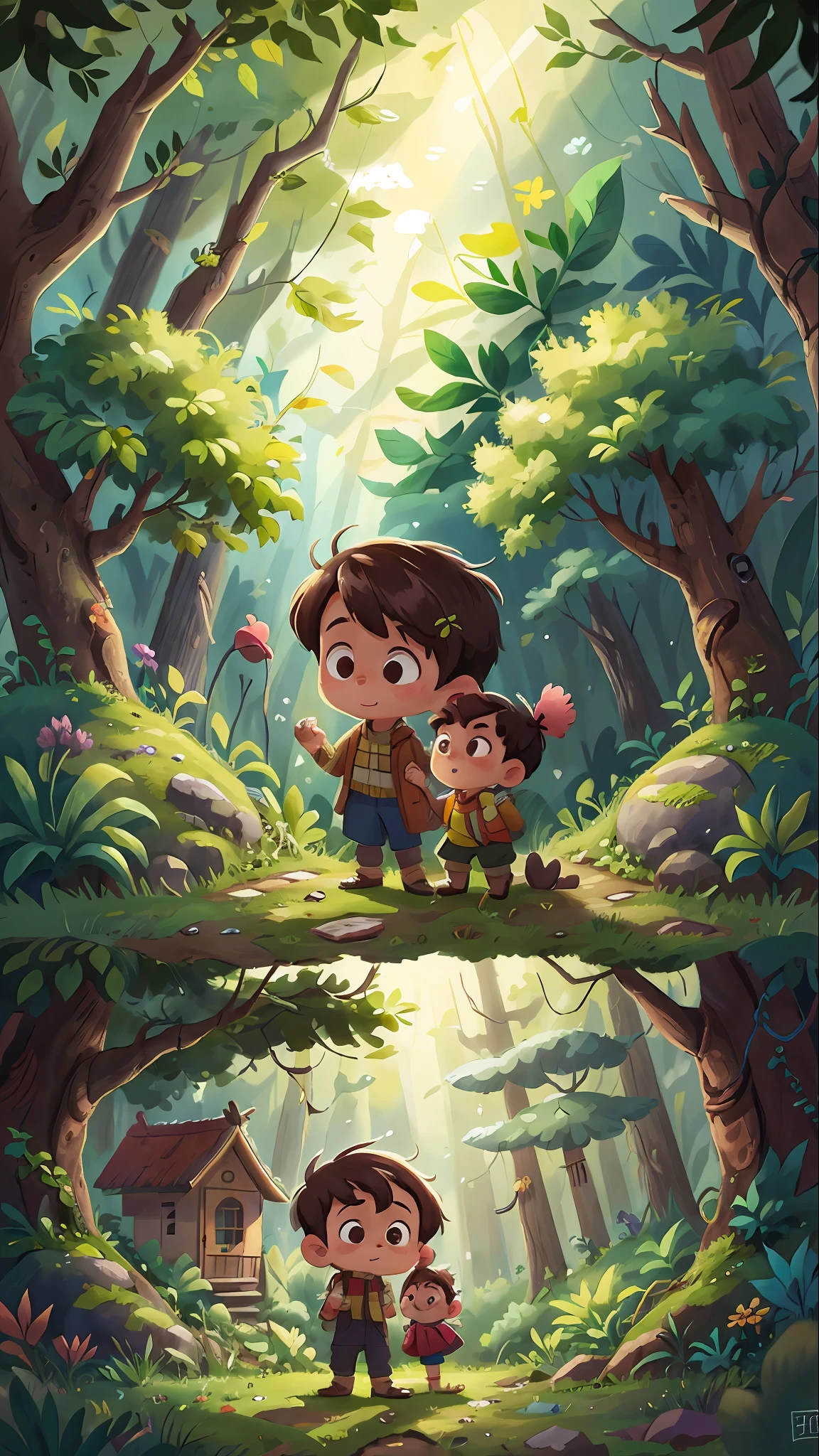 A girl and a boy in the forest in front of a hut