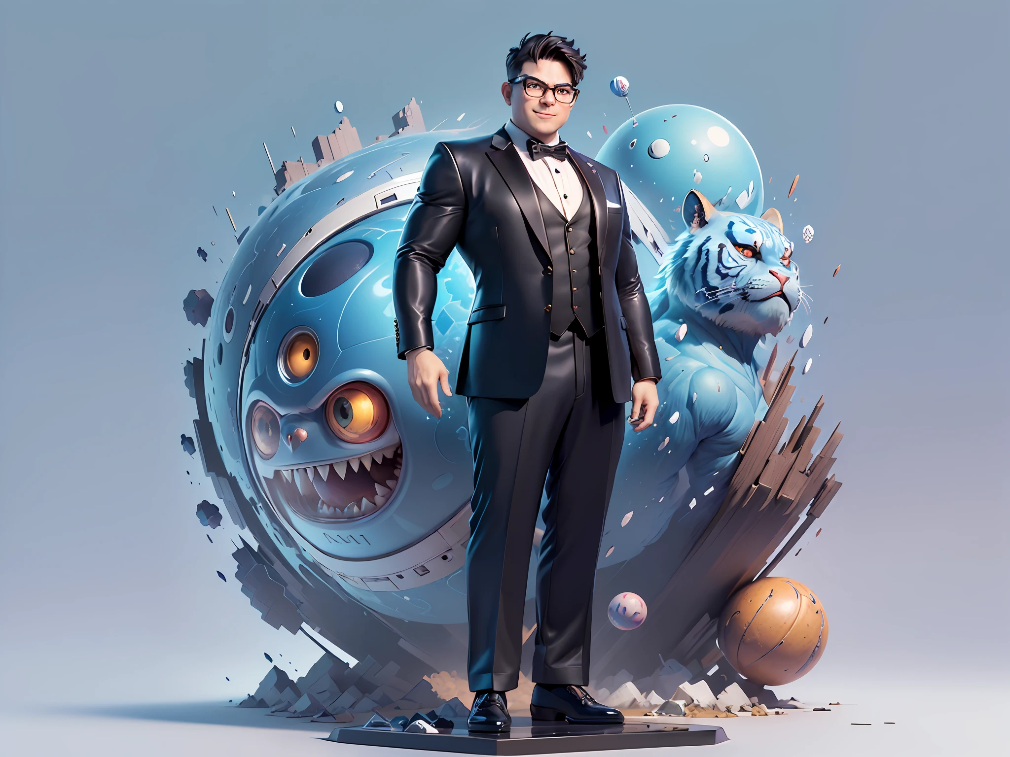 (((Masterpiece), (Excellent), (Super Meticulous), (Full Body: 1.2), Super Young Man, Oriental Face, Japanese Wind and Thunder God, Dragon, Tiger, TV Anchor, Bust Portrait Illustration, Alone, Black Formal Suit, Blue Tie, Slightly Chubby Face, Silver Glasses Face Very Clean No Beard, Black Super Short Hair, Black Eyes, Confident Smile, 3c Computer Sub-Products, iPad, iPhone, Digital Painting, 3D Character Design by Akira Toriyama and Mark Claireden and Pixar and Hayao Miyazaki, The illustration is a high-definition illustration in 4K resolution with very detailed facial features and cartoon-style visuals.