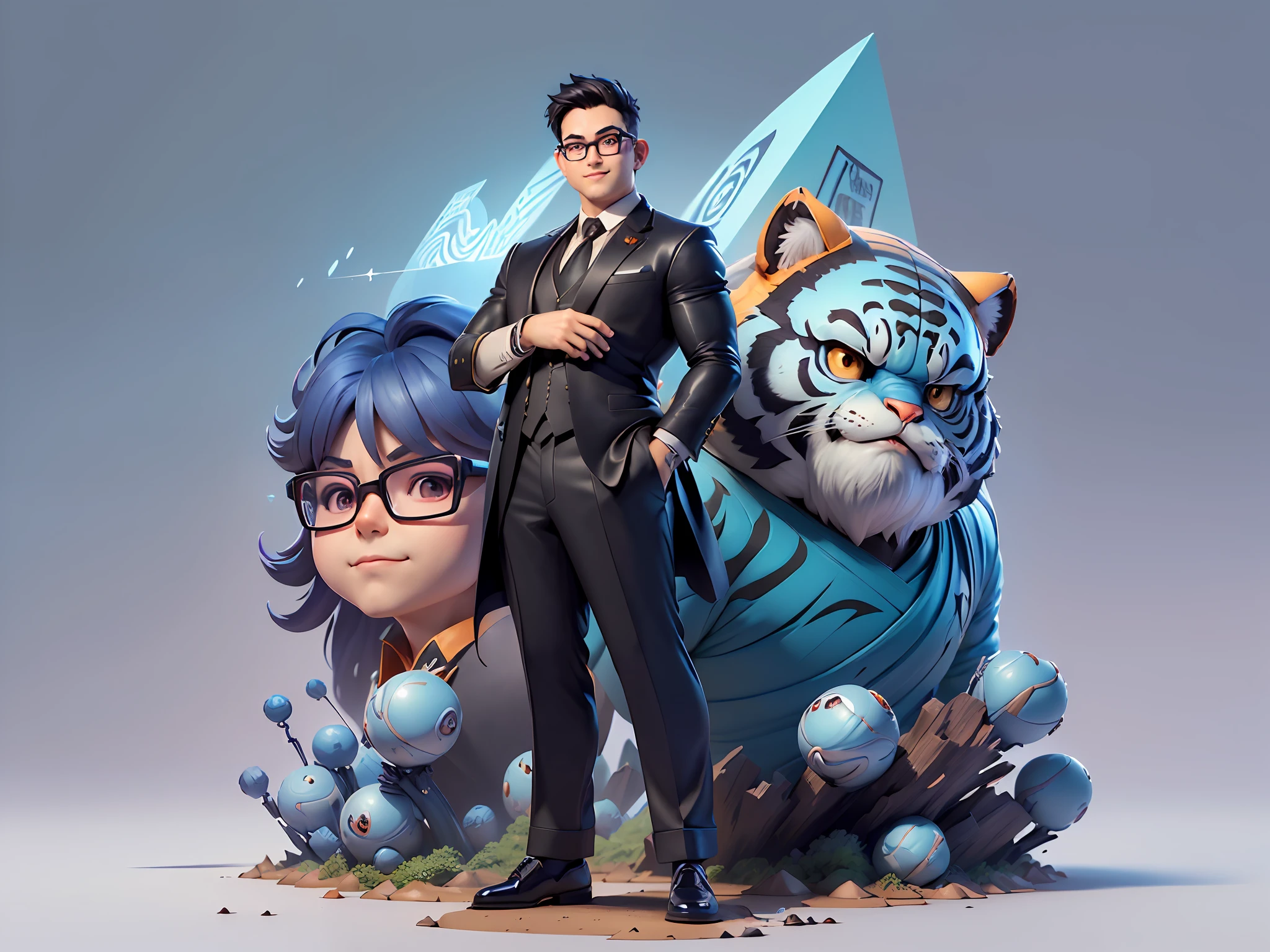 (((Masterpiece), (Excellent), (Super Meticulous), (Full Body: 1.2), Super Young Man, Oriental Face, Japanese Wind and Thunder God, Dragon, Tiger, TV Anchor, Bust Portrait Illustration, Alone, Black Formal Suit, Blue Tie, Slightly Chubby Face, Silver Glasses Face Very Clean No Beard, Black Super Short Hair, Black Eyes, Confident Smile, 3c Computer Sub-Products, iPad, iPhone, Digital Painting, 3D Character Design by Akira Toriyama and Mark Claireden and Pixar and Hayao Miyazaki, The illustration is a high-definition illustration in 4K resolution with very detailed facial features and cartoon-style visuals.