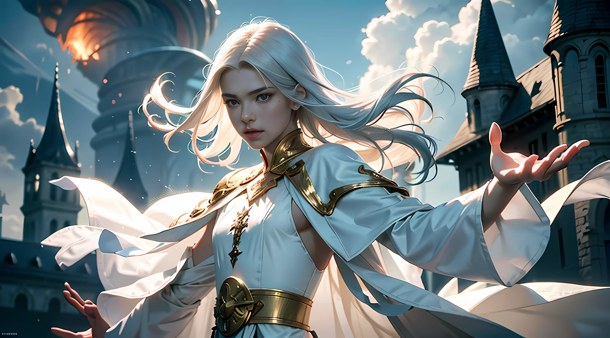 Realistic photo of a handsome young wizard, white wizard shirt with gold trim, white robe fluttering in the wind, long white hair, neatly dressed, perfect face, handsome, (perfect composition: 1.4), deviantart hd, artstation hd, concept art, detailed face and body, award-winning photography, edges, detailed faces, detailed hands, ,backlight, 12k surrealism, ray tracing, intense gaze, looking at the audience, cinematic lighting, Grzegorz Rutkowski's art, embers, highly fantastical background, action pose, hands up 90 degrees, holding a small wand, splashing water, clouds