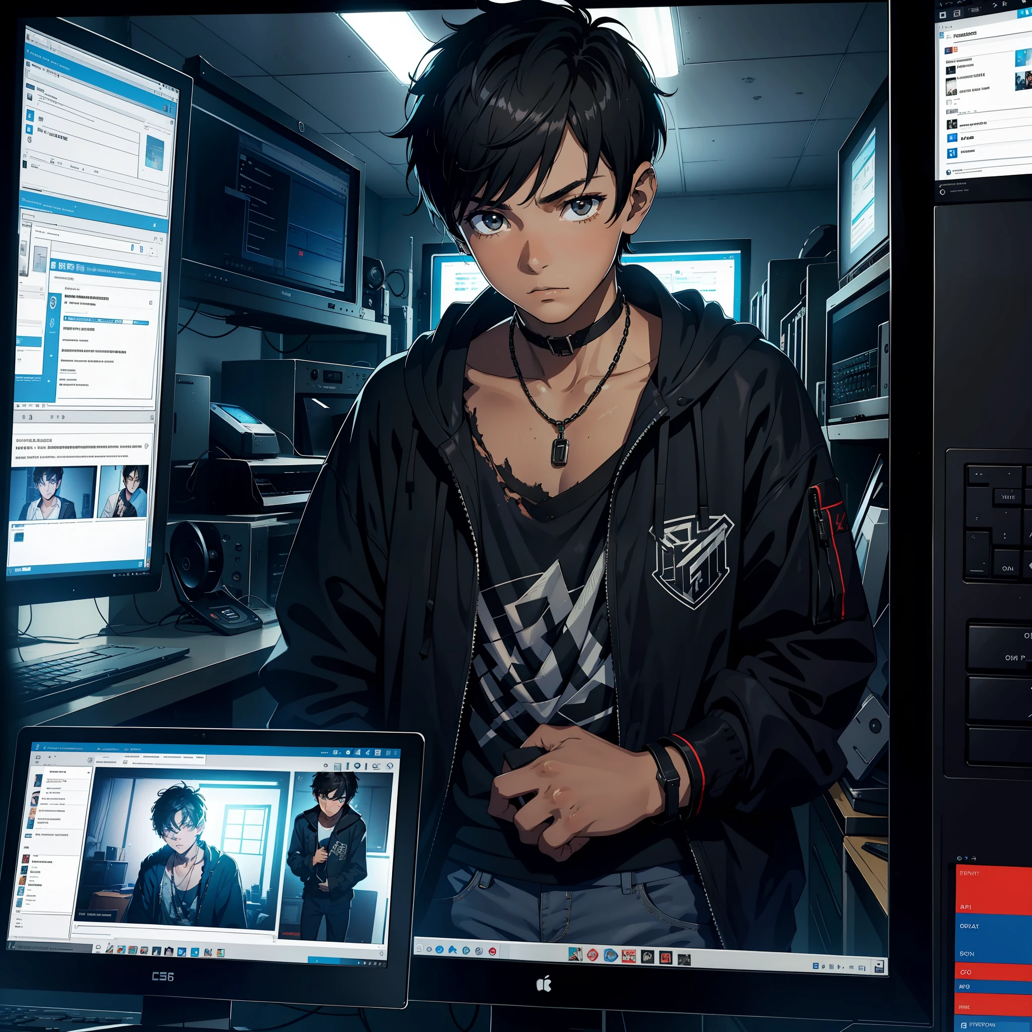 A computer monitor with the inside of the screen (a 16-year-old boy with short black hair, tattered clothes, looking decadent), close-up, facing the camera, in the room