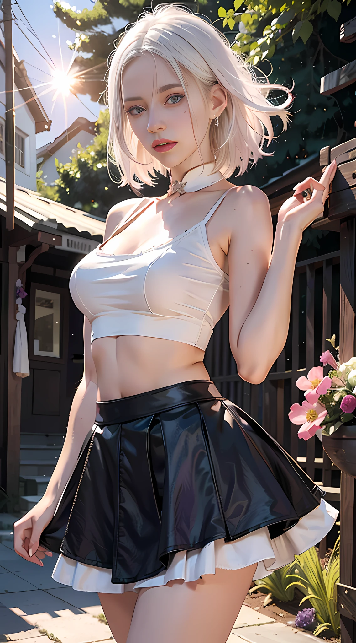 Realistic, 1girl, white hair, purple eyes, glowing eyes, cropped top, skirt, parted lips, blush, night, flowers, sun, sun, sexy, feminine, seductive, provocative, multi-angle shooting, appropriate pose