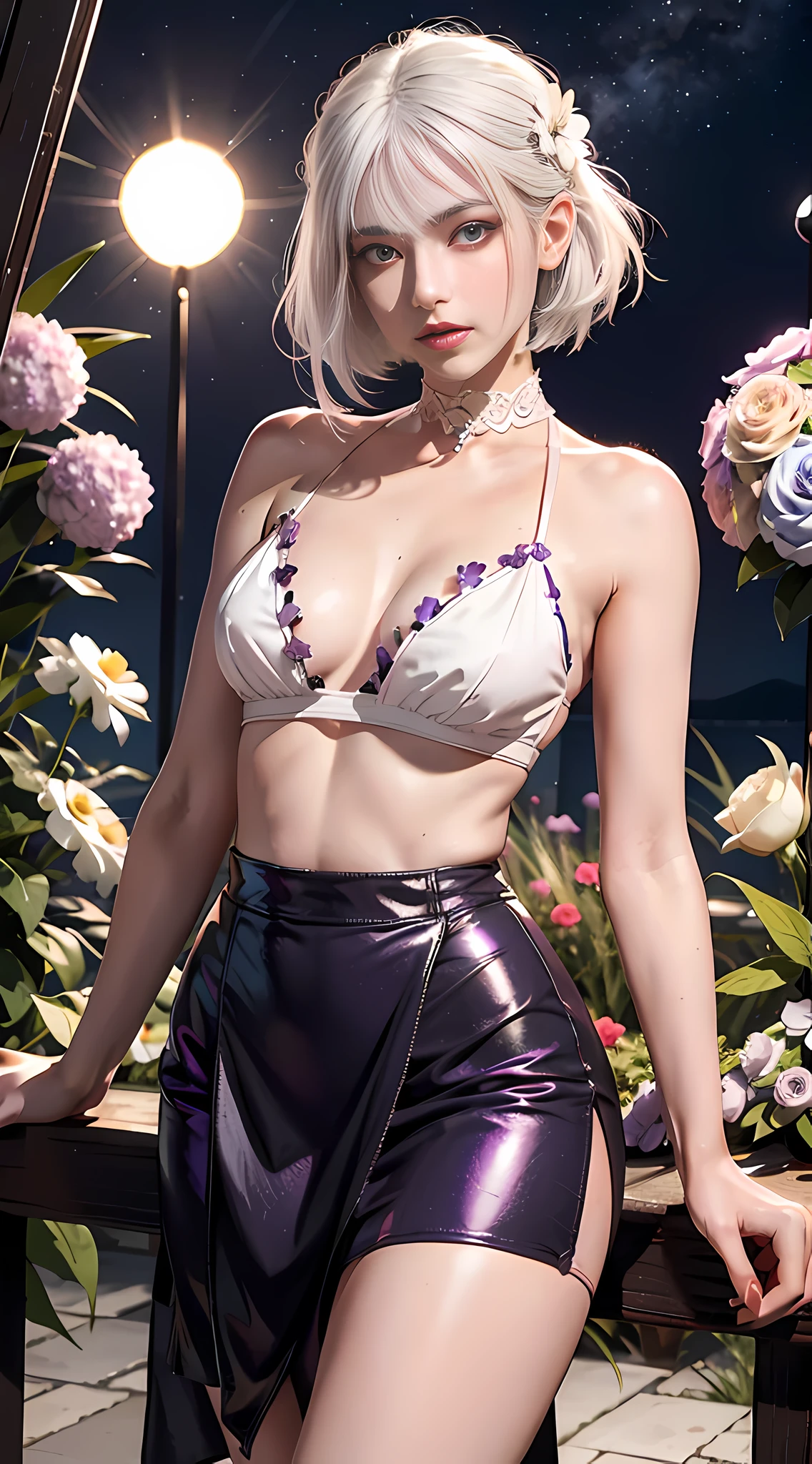 Realistic, 1girl, white hair, purple eyes, glowing eyes, cropped top, skirt, parted lips, blush, night, flowers, sun, sun, sexy, feminine, seductive, provocative, multi-angle shooting, appropriate pose