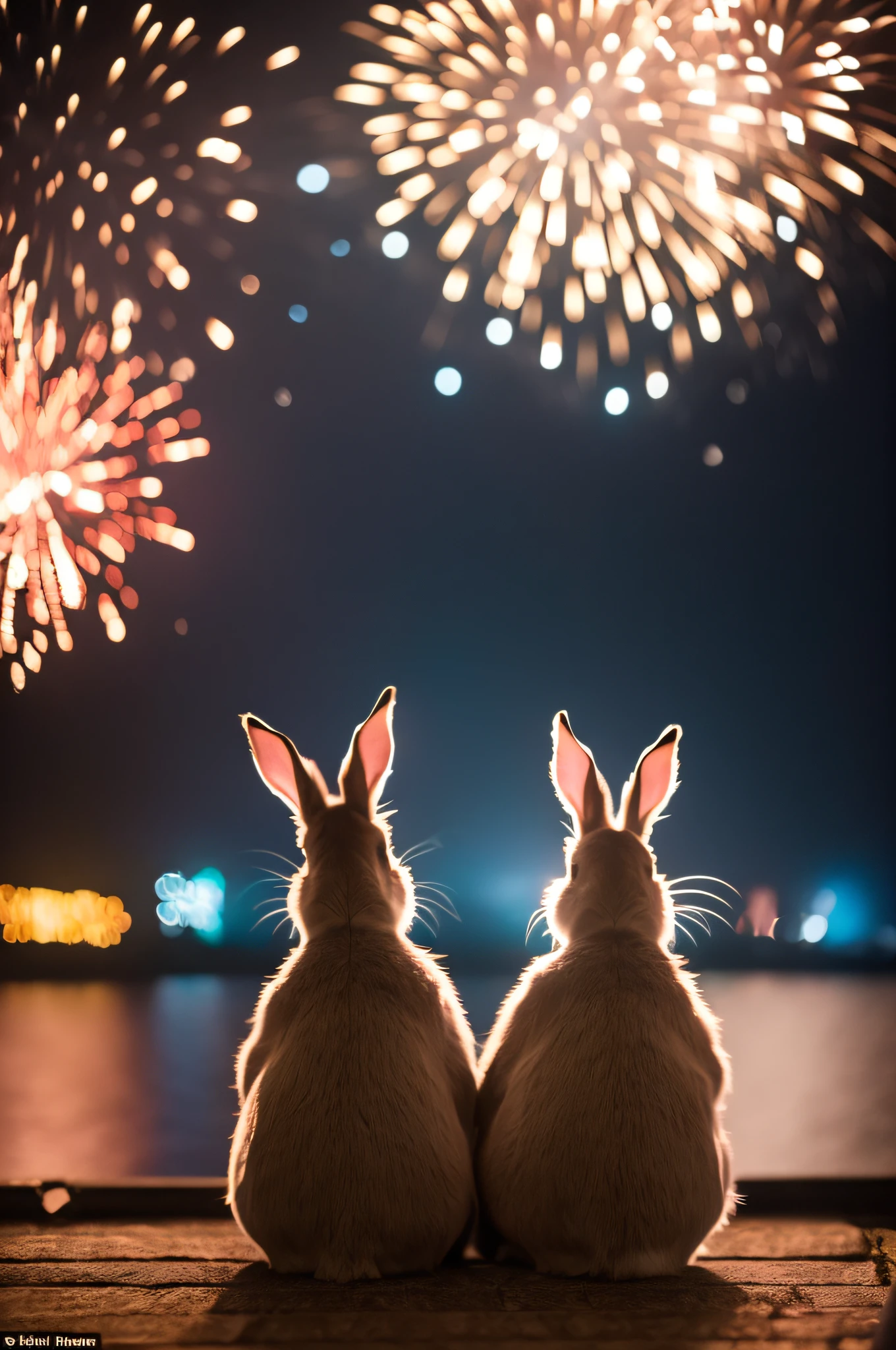 4k,back view,two Netherland Dwarf Rabbits watching fireworks,river side,behind,eos r3,24mm