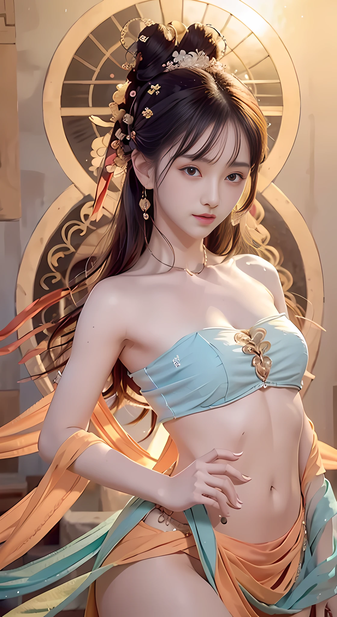 Bust photo, a beautiful woman, messy hair, girly, symmetrical bun, hair accessories, jewelry, delicate face, eye shadow, delicate cyan top, crop top, open button, Dunhuang style, a lot of streamers, cyan streamers, orange streamers, red streamers, delicate skin, soft light effects, delicate and smooth hair, delicate details, eye highlights, fair skin, fine portrayal, extreme details, cinematic quality, thin, slender, broken, hair details, thin bangs, shawl hair, correct body, shadows, air bangs, 8K, Super fine, fine fabric texture, soft, supple, smooth texture, Dunhuang style, delicate pattern, correct hand painting, smile, tsurime, surrealism, ray tracing, UHD, high details, super detail, highres, 8k, high quality, high details, textured skin, ccurate