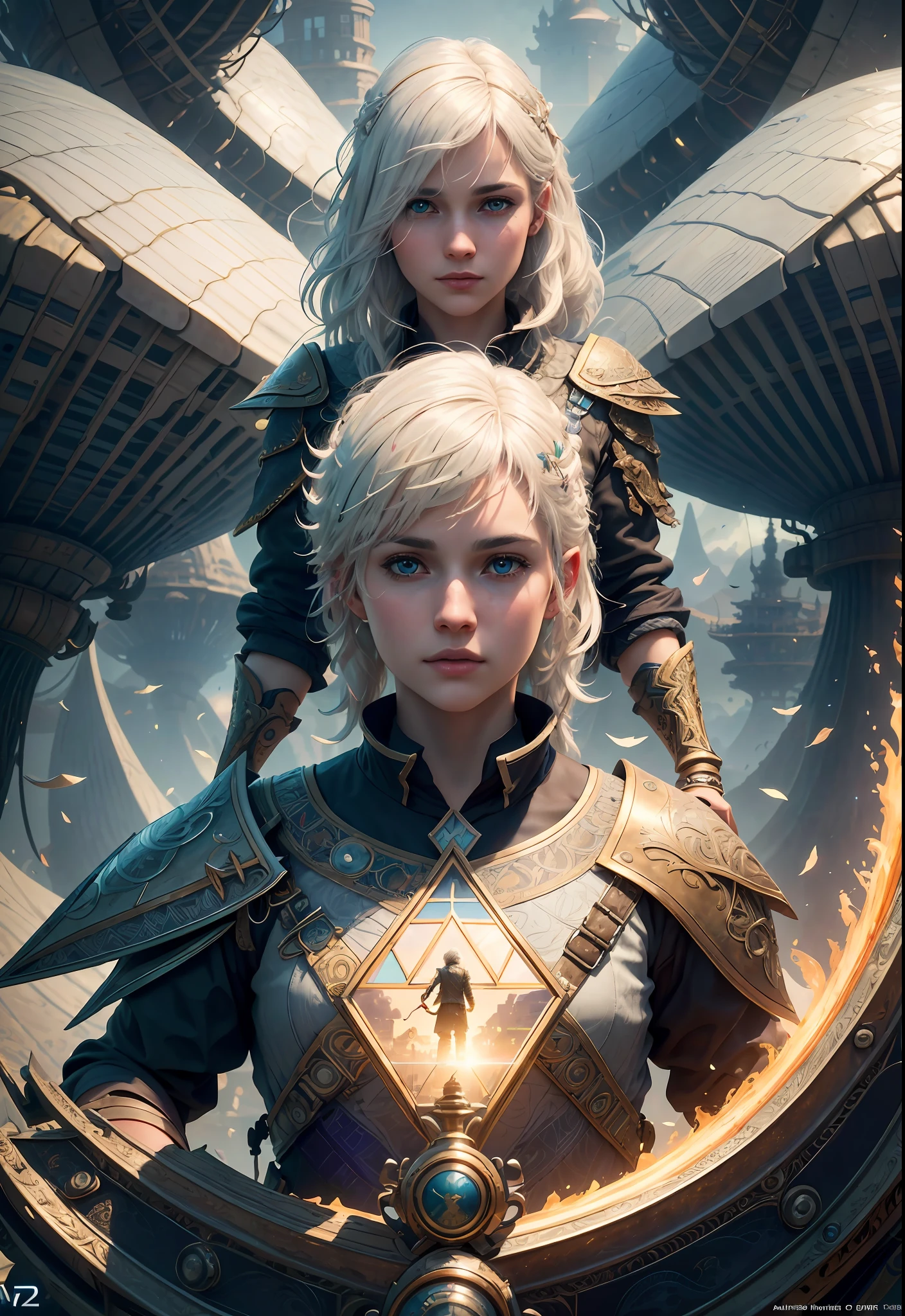 (((Multiplayer, White-haired Man and Woman))), Best Quality, Realistic, Realistic, Award-Winning Illustrations, (Complex Details: 1.2), (Fine Details), (Intricate Details), (Cinematic Light, Best Quality Backlight), Clear Lines, Sharp Focus, Official Art, Unity 8k Wallpaper, Ridiculous, Incredibly Absurd, Fantasy Art, RTX, ((Award-Winning Triangle Studio Close-up Photo)), 1 Boy, (Shut Up), Best Quality, 4K, beautiful mysterious creatures, male, flying, surrealism, masterpiece of NCWINTERS, in mysterious country town, masterpiece, intricate details, ff14style, urban painting, bridge, river, giant mushroom, landscape, bright colors,