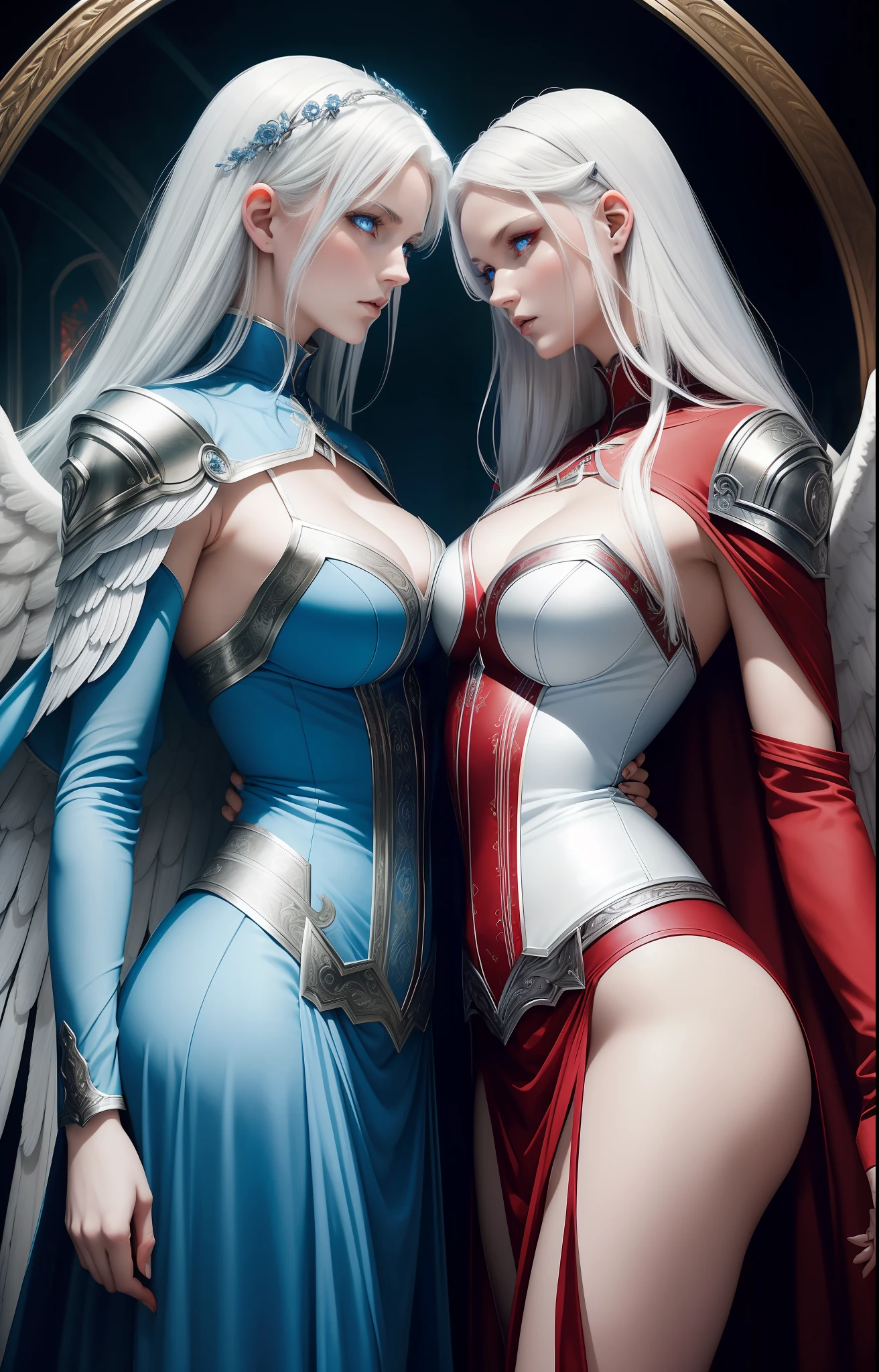 Two women in the photo. An angel woman (white hair, blue eyes, halo, blue aura all over her body, angelic wings, blue clothes) next to a demon woman (Red hair, red eyes, cyphers, intimidating look, red aura, red clothing). Sensual pose. Renaissance art.