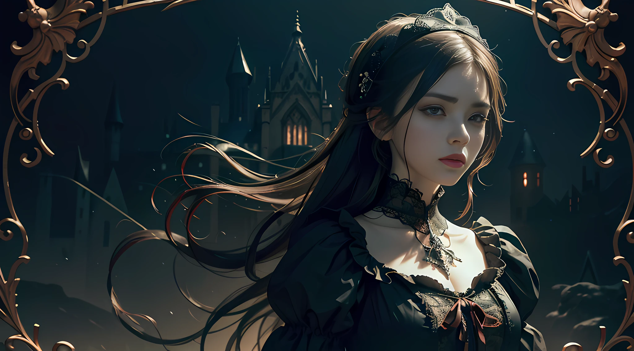 Official Art, Unity 8k wallpaper, ultra-detailed, beautiful, beautiful, masterpiece, best quality, dark, atmospheric, mystical, romantic, creepy, literature, art, fashion, victorian, decoration, intricate, ironwork, lace, contemplative, emotional depth, supernatural, 1 girl, solo, neck, bust composition
