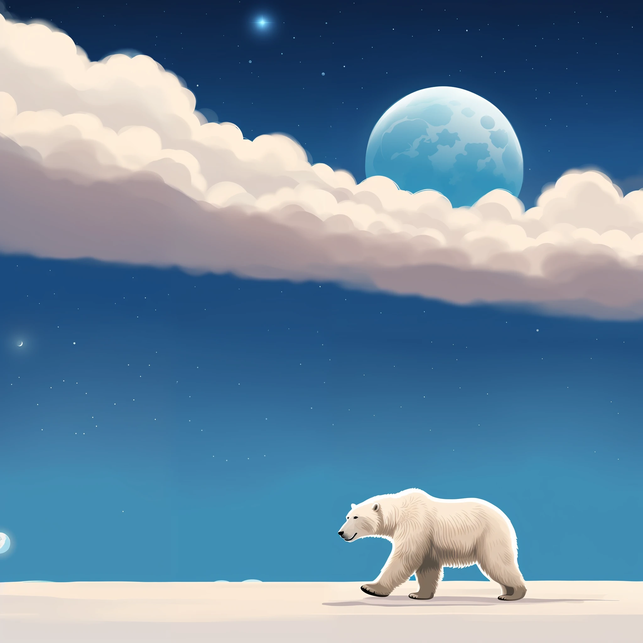 There is a polar bear walking on the snow with a basketball, the background is a blue full moon and starry sky somewhat obscured by white clouds, calm night. Digital illustration, dream illustration, beautiful artwork illustration, inspired by Scott Listerfield,