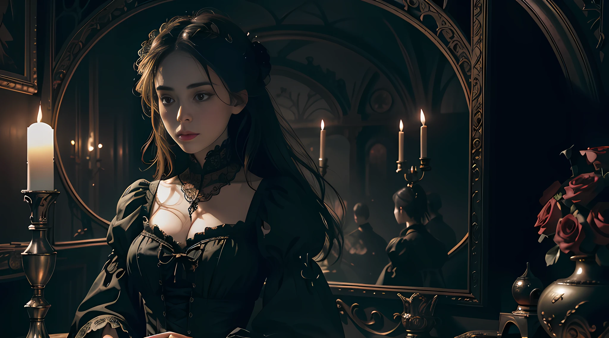 Official Art, Unity 8k wallpaper, ultra-detailed, beautiful, beautiful, masterpiece, best quality, dark, atmospheric, mystical, romantic, creepy, literature, art, fashion, victorian, decoration, intricate, ironwork, lace, contemplative, emotional depth, supernatural, 1 girl, solo, neck, bust composition