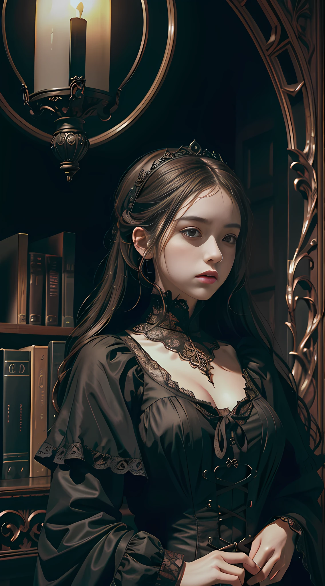 Official Art, Unity 8k wallpaper, ultra-detailed, beautiful, beautiful, masterpiece, best quality, dark, atmospheric, mystical, romantic, creepy, literature, art, fashion, victorian, decoration, intricate, ironwork, lace, contemplative, emotional depth, supernatural, 1 girl, solo, neck, bust composition