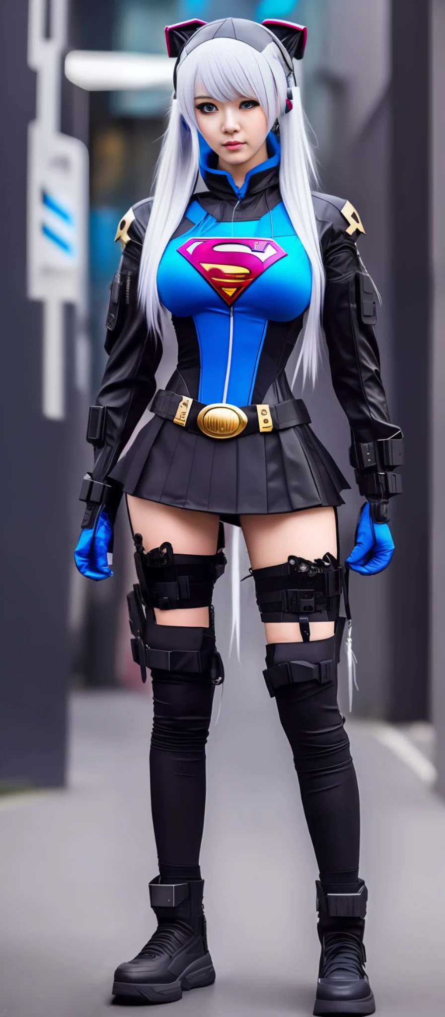 sfw (Ultra Quality, Unparalleled Masterpiece, Ethereal: 1.4) (Gigantic breasts: 1.6) (tight breasts: 1.3) (bimbo 1.5) (Disproportionate tits: 1.5) there is a supergirl with huge breasts in a corset and a black and white outfit, wearing techwear and armor, cyberpunk outfit, wearing Japanese techwear, intriguing outfit, all black cyberpunk clothes, cyberpunk style outfit, female cyberpunk anime girl,   cyberpunk streetwear, cyberpunk dress, anime girl cosplay, photograph of a techwear woman, cyberpunk anime girl, wearing cyberpunk streetwear, maid outfit, blonde, blue eyes, superman symbol S on chest --auto --s2