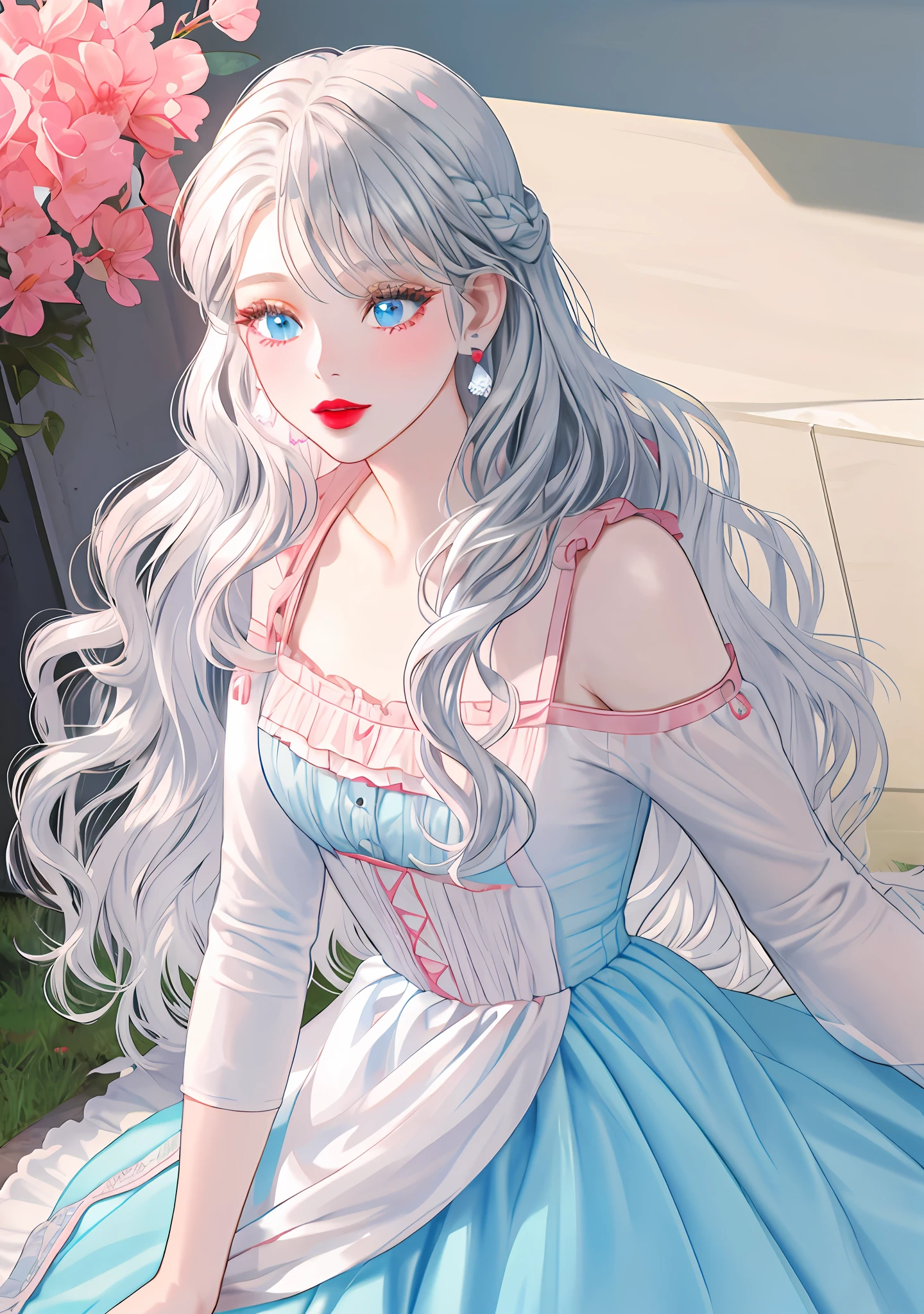 a close-up of a person holding an ice cream cone, sweet girl, woman with wavy silver hair, bangs, light blue eyes, red lips, tender pink dress, white blouse,