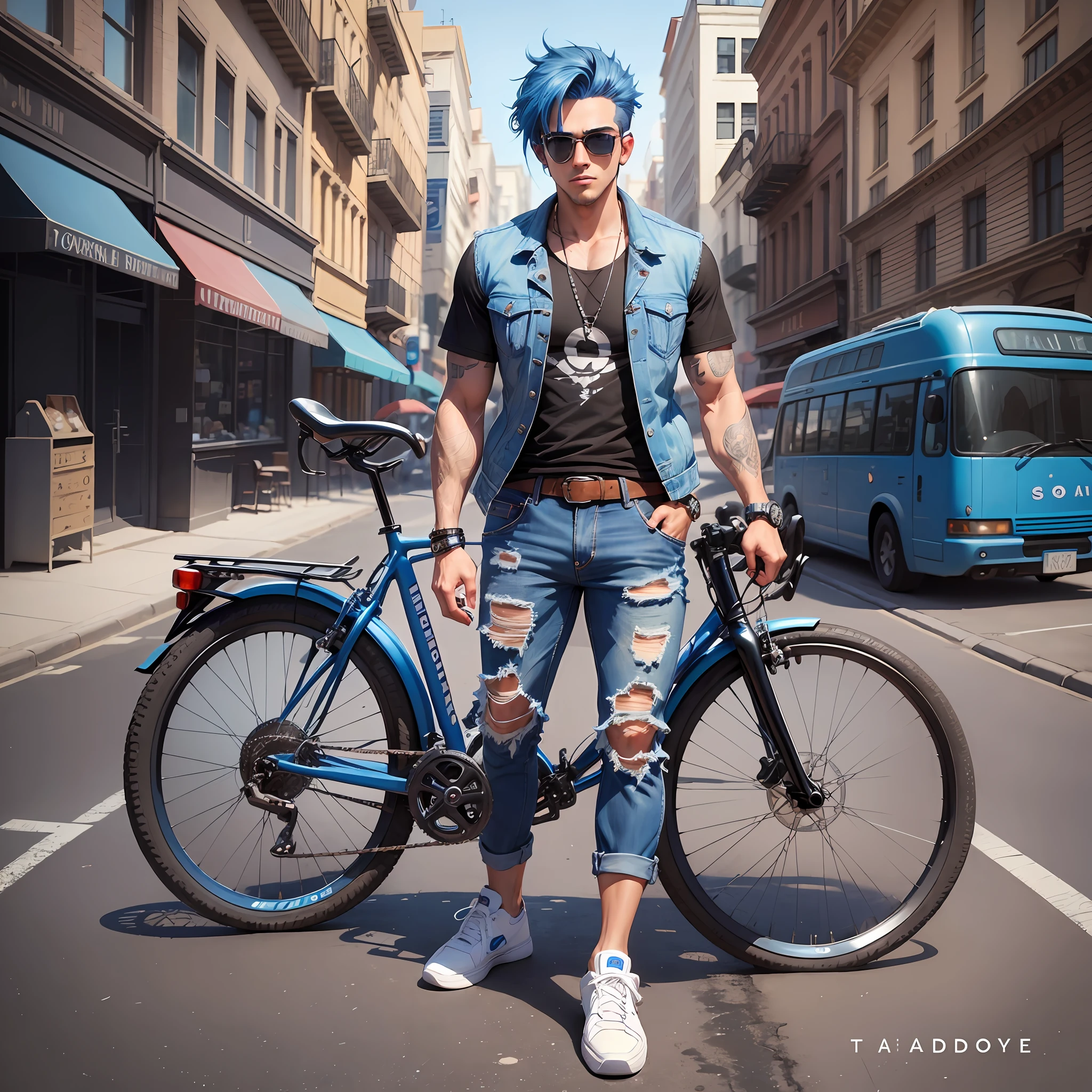 "(amazing new illustration, best quality), beautiful male character, Tadeo, (big blue eyes, blue hair:1.2), sunglasses, black shirt, denim vest, black pants, white sneakers, casual pose, street environment, cartoonized." --auto --s2