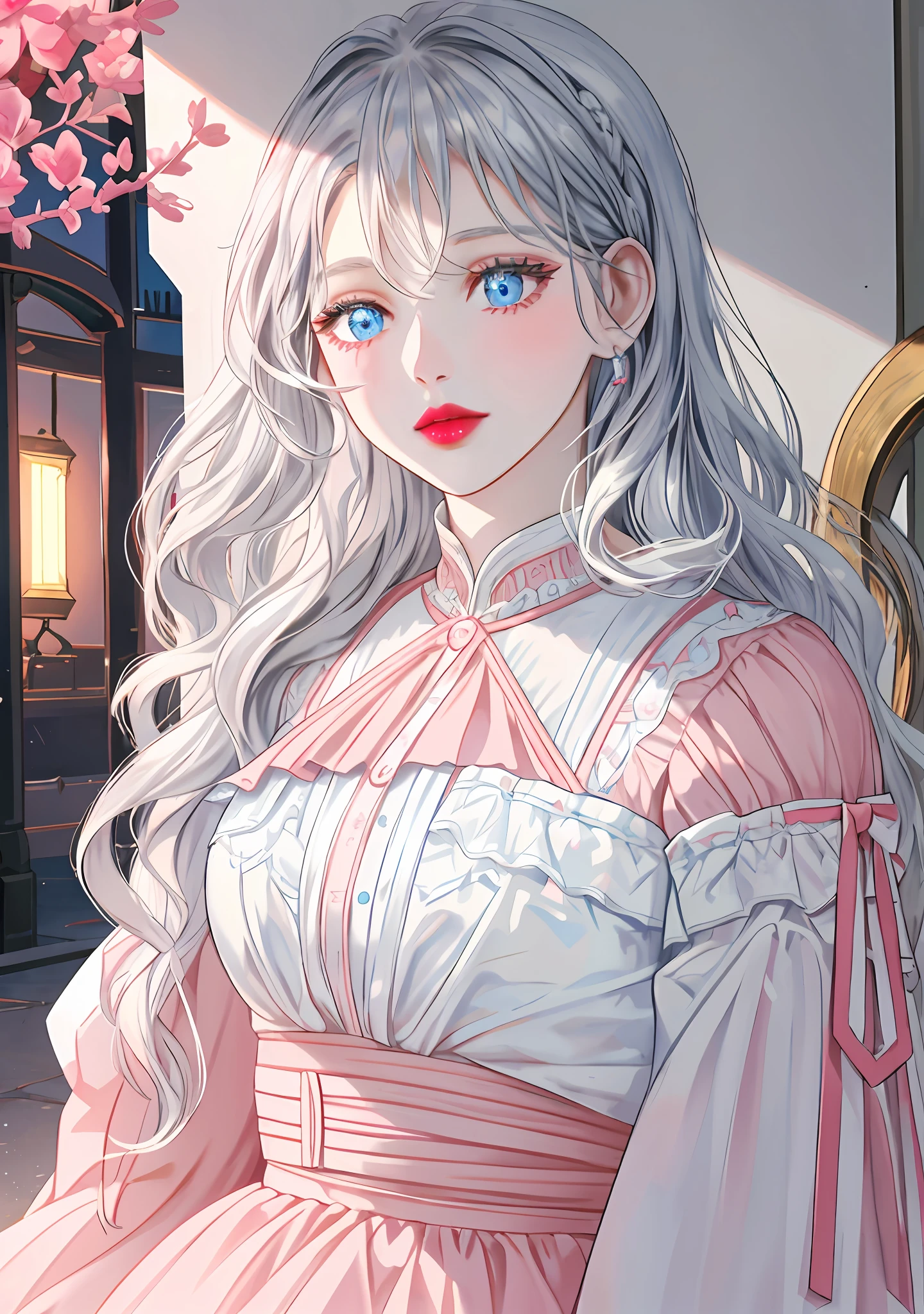 a close-up of a person holding an ice cream cone, sweet girl, woman with wavy silver hair, bangs, light blue eyes, red lips, tender pink dress, white blouse,