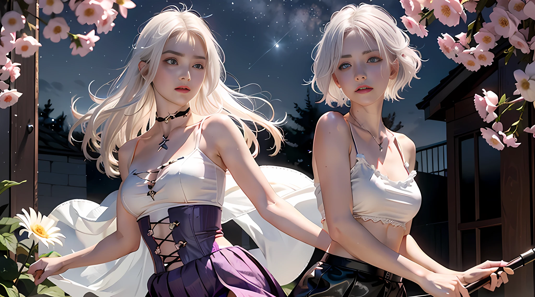Realistic, 1girl, white hair, purple eyes, glowing eyes, cropped top, skirt, parted lips, blush, night, flowers, sun, sun, sexy, feminine, seductive, provocative, multi-angle shooting, appropriate pose
