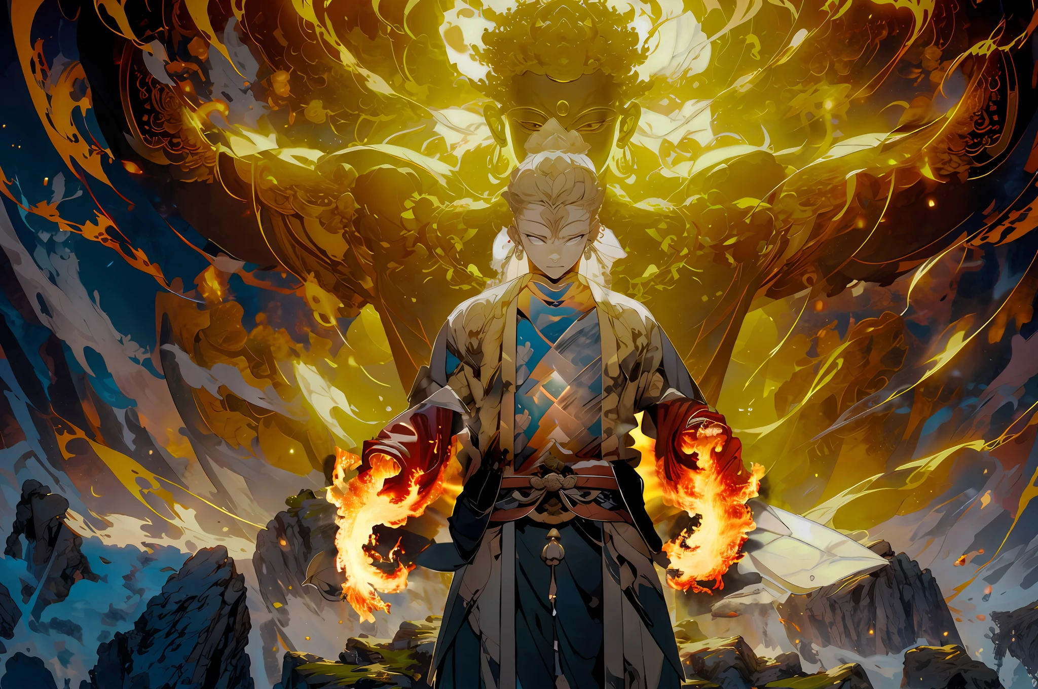 The hands are full of flames, the flames are entangled, and the fire is raging