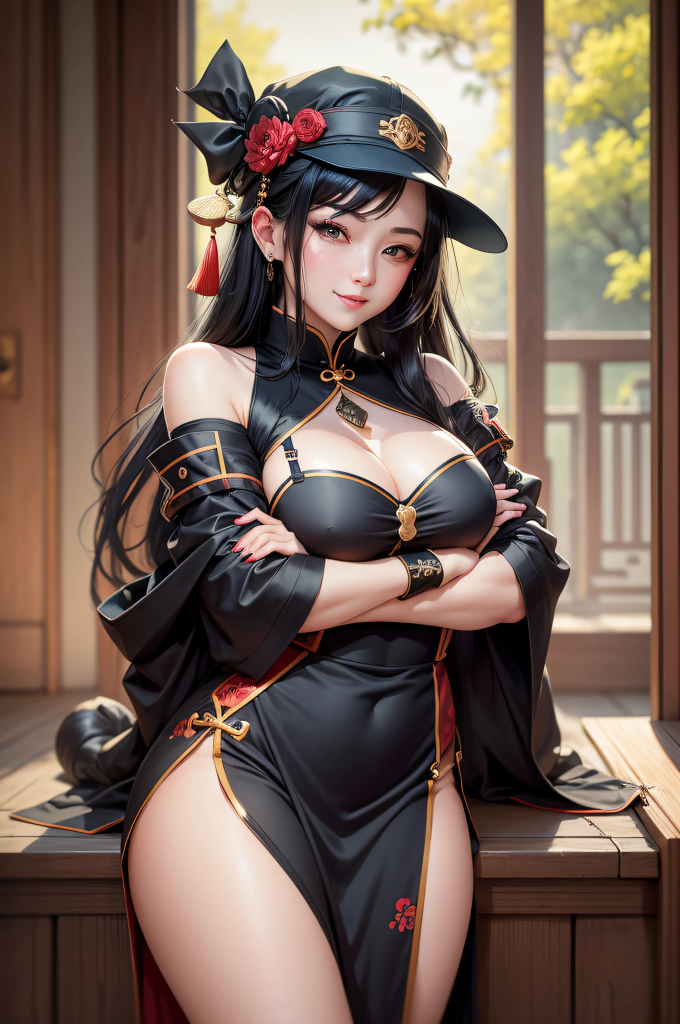 masterpiece,1girl,solo,black hair,underboob, hat,light_smile,ofuda,china dress, crossed arms, --auto --s2