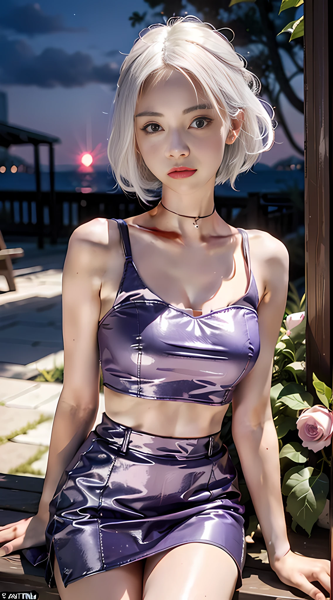 Realistic, 1girl, white hair, purple eyes, glowing eyes, cropped top, skirt, parted lips, blush, night, flowers, sun, sun, sexy, feminine, seductive, provocative, multi-angle shooting, appropriate pose
