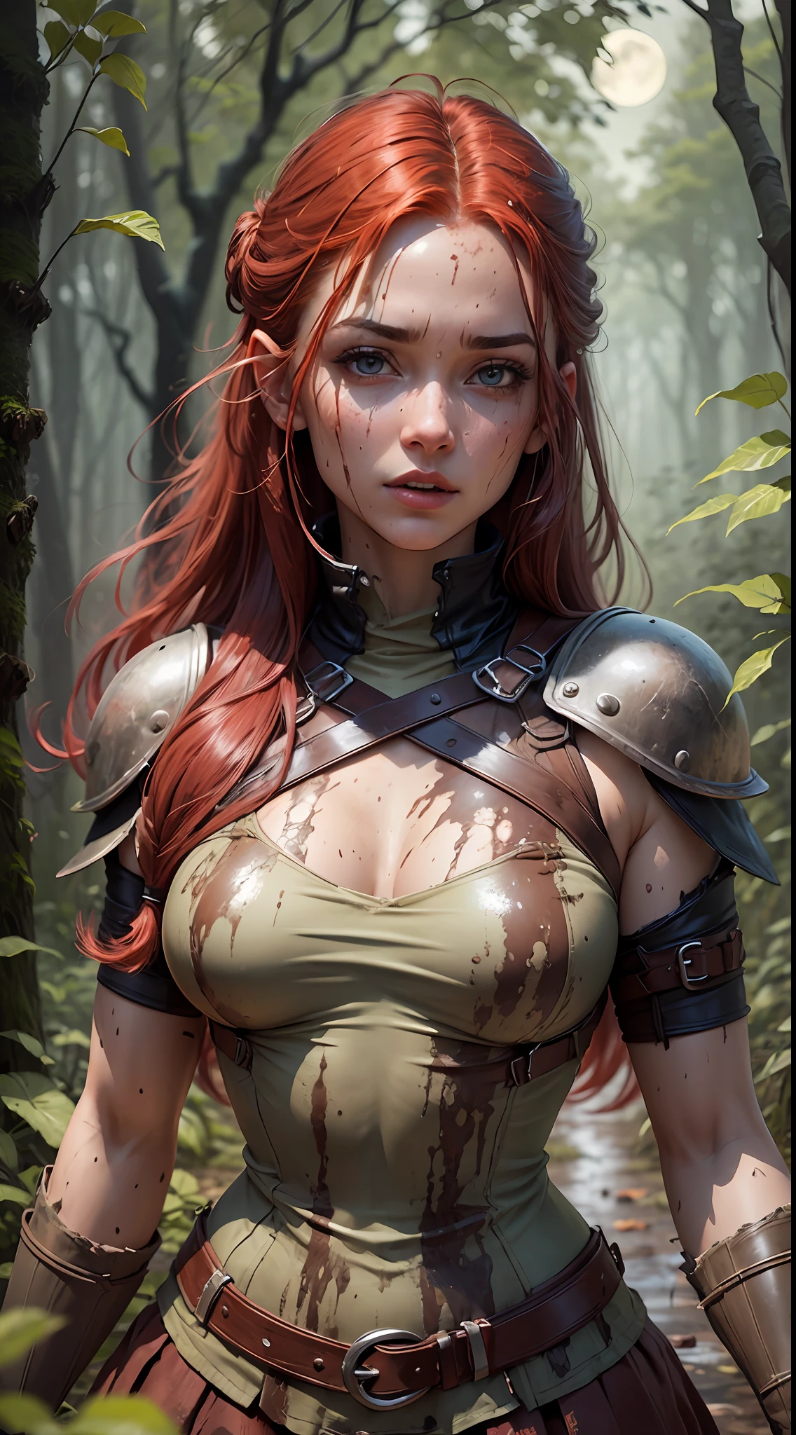 red-haired woman soon dark all dirty with mud, (whole body), with dark red medieval armor with shade of dark blue, all dirty with mud, a short white skirt dirty with mud, 1woman plunged in mud, from the swamp full of clay, lots of rain, rainy night, very dark night sober weather nebrina compresses the whole forest, forest night with full moon with lots of clouds , very realistic bush, face full of mud, body all dirty with mud in the swamp, windy and falling leaves from the trees in an ultra realistic forest, an ultra dark forest, full of fog (night 1.3), (dark 1.4), modelshoot style analog stylemdjrny-v4 stylenousr robotulzzang-6500-v1.1, 3D,(raw photo: 1.2), (photorealistic: 1.4) GGI ultra realistic, wallpaper, realistic body eyes ultra realistic, 4 finger and a thumb, realistic hair, fine details, realistic breast, (medium breasts) realistic mouth, ultra realistic pupil, realistic eyebrow, --auto --s2
