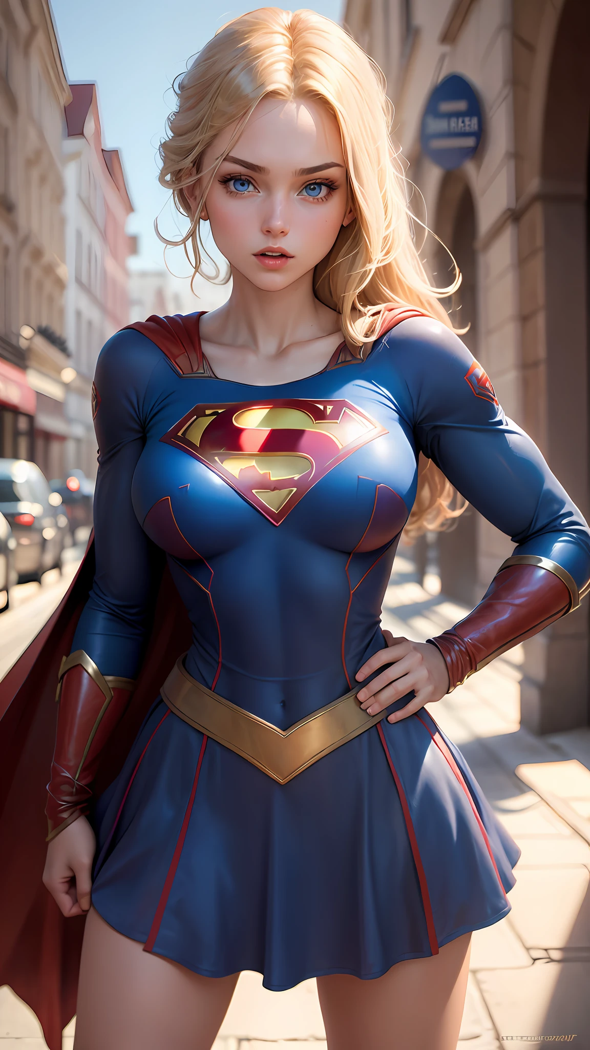 (Best quality, masterpiece, absurdists)), 1girl(supergirl),20 years old, defined body, expressive and blue eyes, huge breasts, Short Dress Loose Jacket Viscose Single Front,vestido frente única