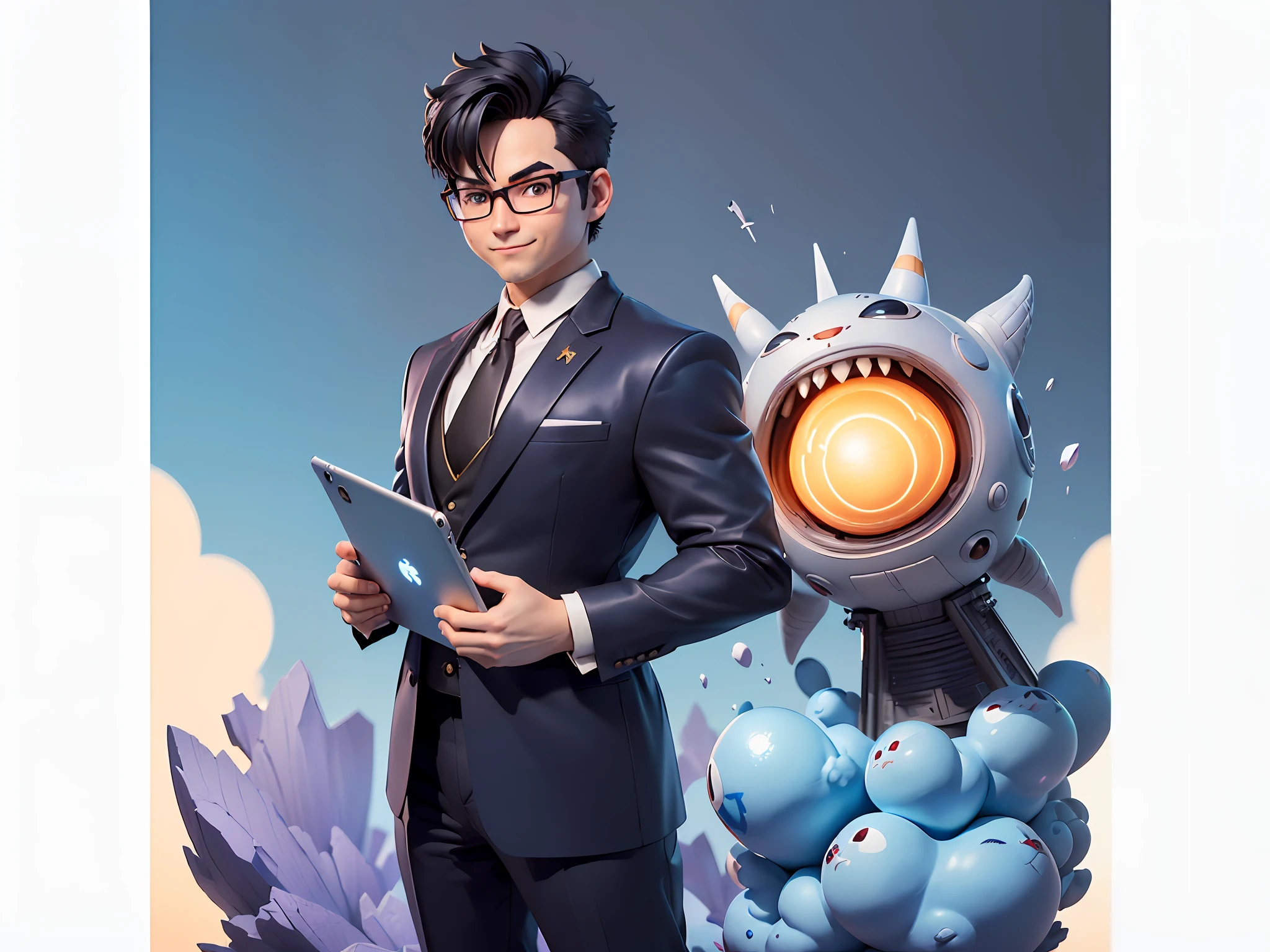 (((Masterpiece), (Excellent), (Super Meticulous), (Full Body: 1.2), Super Young Man, Oriental Face, Japanese Wind and Thunder God, Dragon, Tiger, TV Anchor, Bust Portrait Illustration, Alone, Black Formal Suit, Blue Tie, Slightly Chubby Face, Silver Glasses Face Very Clean No Beard, Black Super Short Hair, Black Eyes, Confident Smile, 3c Computer Sub-Products, iPad, iPhone, Digital Painting, 3D Character Design by Akira Toriyama and Mark Claireden and Pixar and Hayao Miyazaki, The illustration is a high-definition illustration in 4K resolution with very detailed facial features and cartoon-style visuals.
