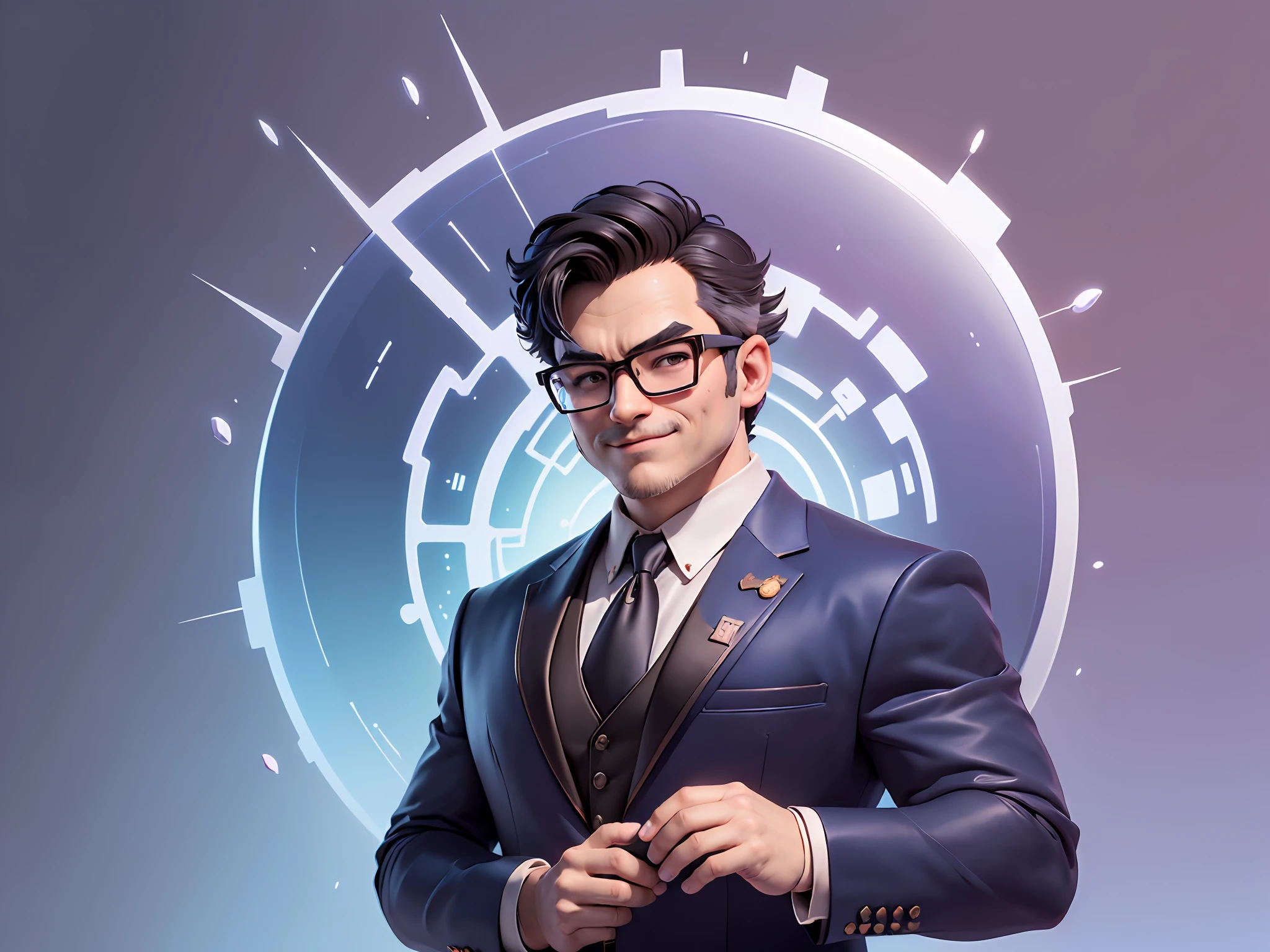 (((Masterpiece), (Excellent), (Super Meticulous), (Full Body: 1.2), Super Young Man, Oriental Face, Japanese Wind and Thunder God, Dragon, Tiger, TV Anchor, Bust Portrait Illustration, Alone, Black Formal Suit, Blue Tie, Slightly Chubby Face, Silver Glasses Face Very Clean No Beard, Black Super Short Hair, Black Eyes, Confident Smile, 3c Computer Sub-Products, iPad, iPhone, Digital Painting, 3D Character Design by Akira Toriyama and Mark Claireden and Pixar and Hayao Miyazaki, The illustration is a high-definition illustration in 4K resolution with very detailed facial features and cartoon-style visuals.