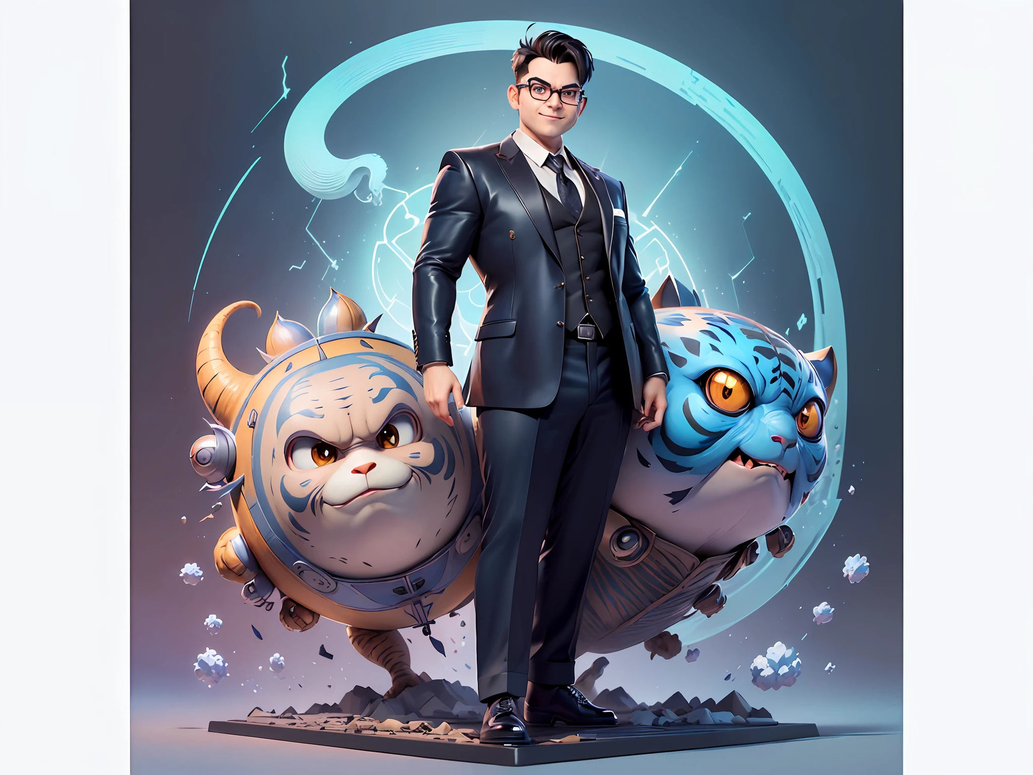 (((Masterpiece), (Excellent), (Super Meticulous), (Full Body: 1.2), Super Young Man, Oriental Face, Japanese Wind and Thunder God, Dragon, Tiger, TV Anchor, Bust Portrait Illustration, Alone, Black Formal Suit, Blue Tie, Slightly Chubby Face, Silver Glasses Face Very Clean No Beard, Black Super Short Hair, Black Eyes, Confident Smile, 3c Computer Sub-Products, iPad, iPhone, Digital Painting, 3D Character Design by Akira Toriyama and Mark Claireden and Pixar and Hayao Miyazaki, The illustration is a high-definition illustration in 4K resolution with very detailed facial features and cartoon-style visuals.